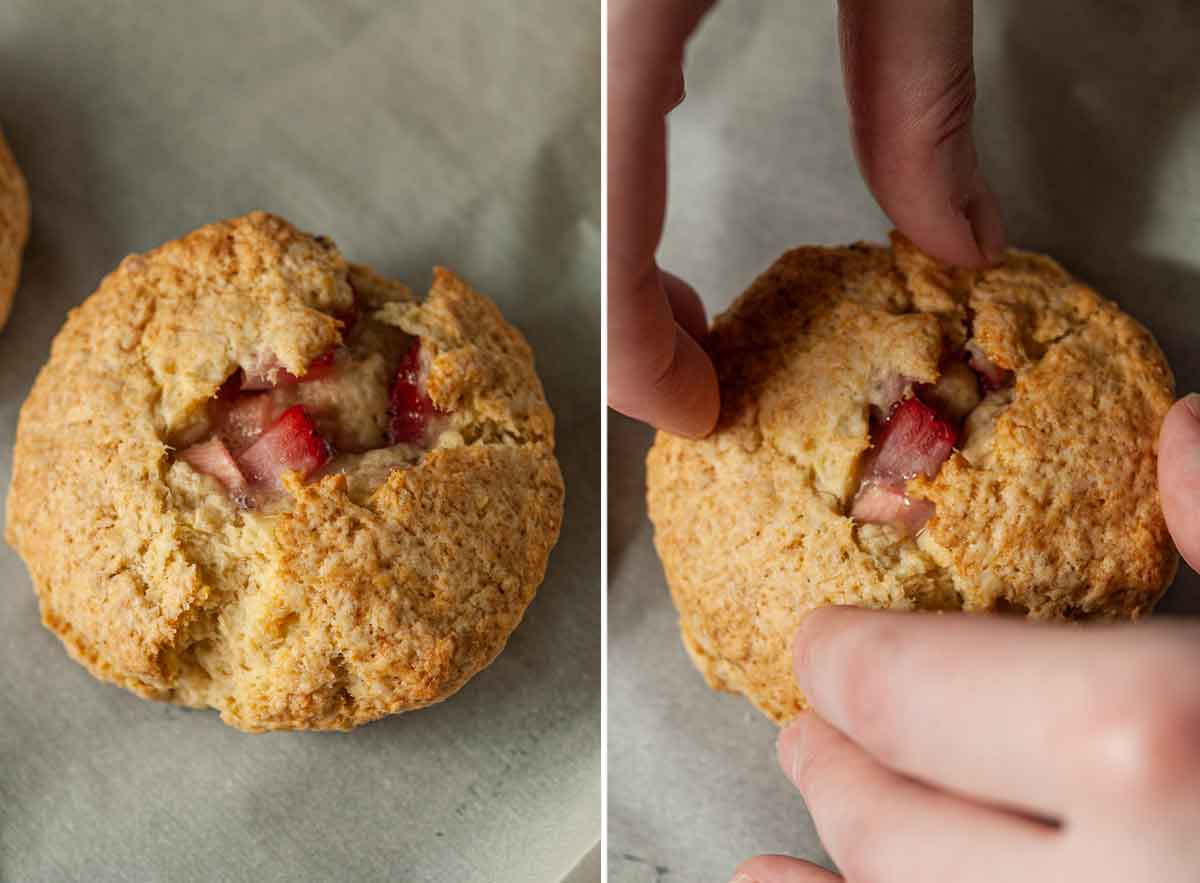 2 side by side images showing how to fix a broken scone.