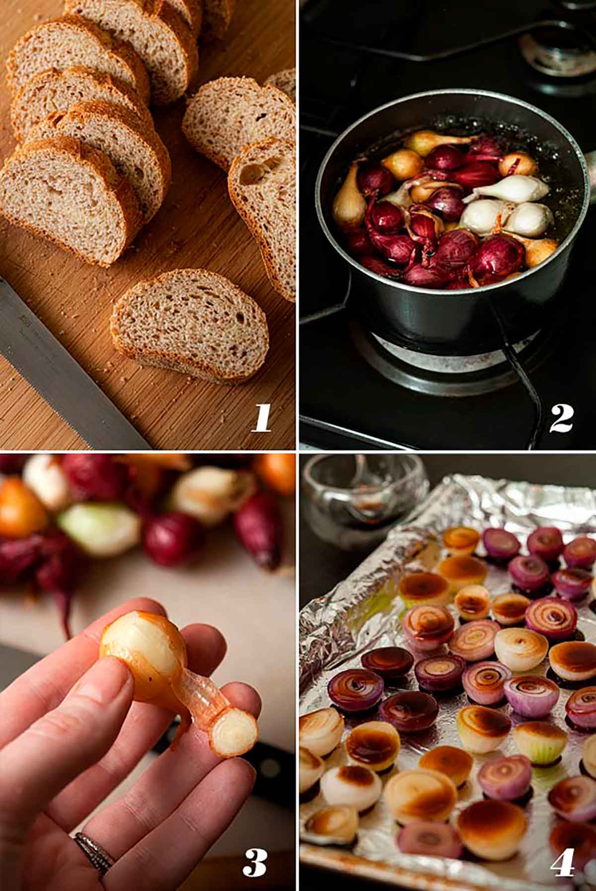 A collage of 4 numbered images showing how to slice bread and prep pearl onions for roasting.