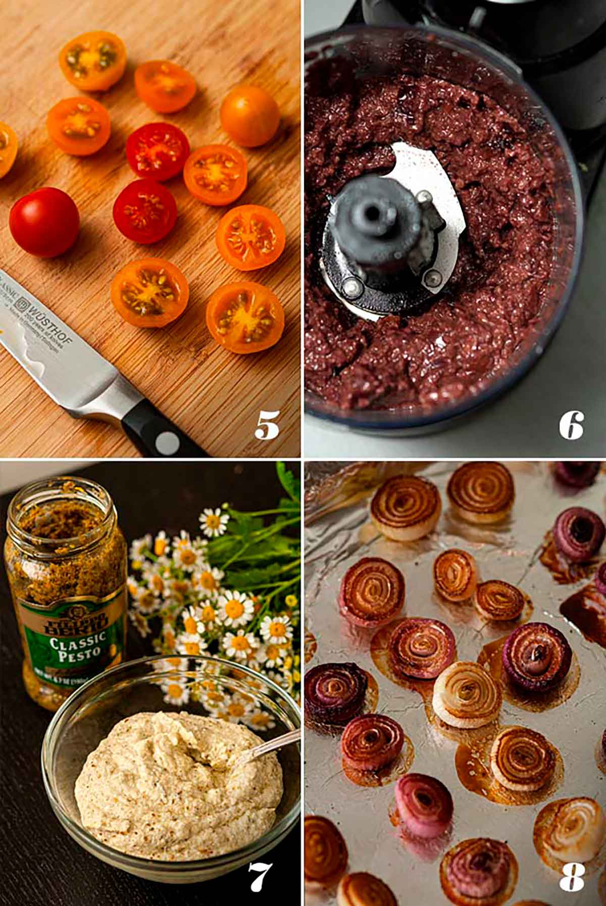 A collage of 4 numbered images showing how to slice tomatoes, make tapenade, make pesto ricotta and baked onions.