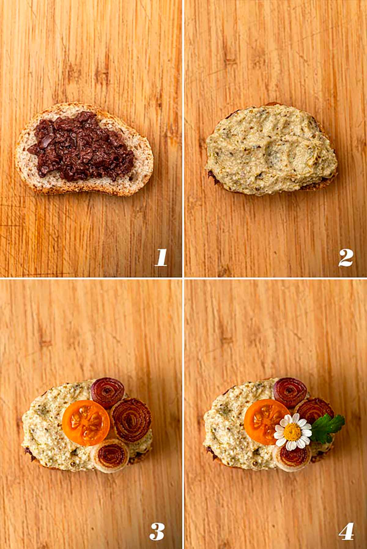 A collage of 4 numbered images showing how to assemble crostini.