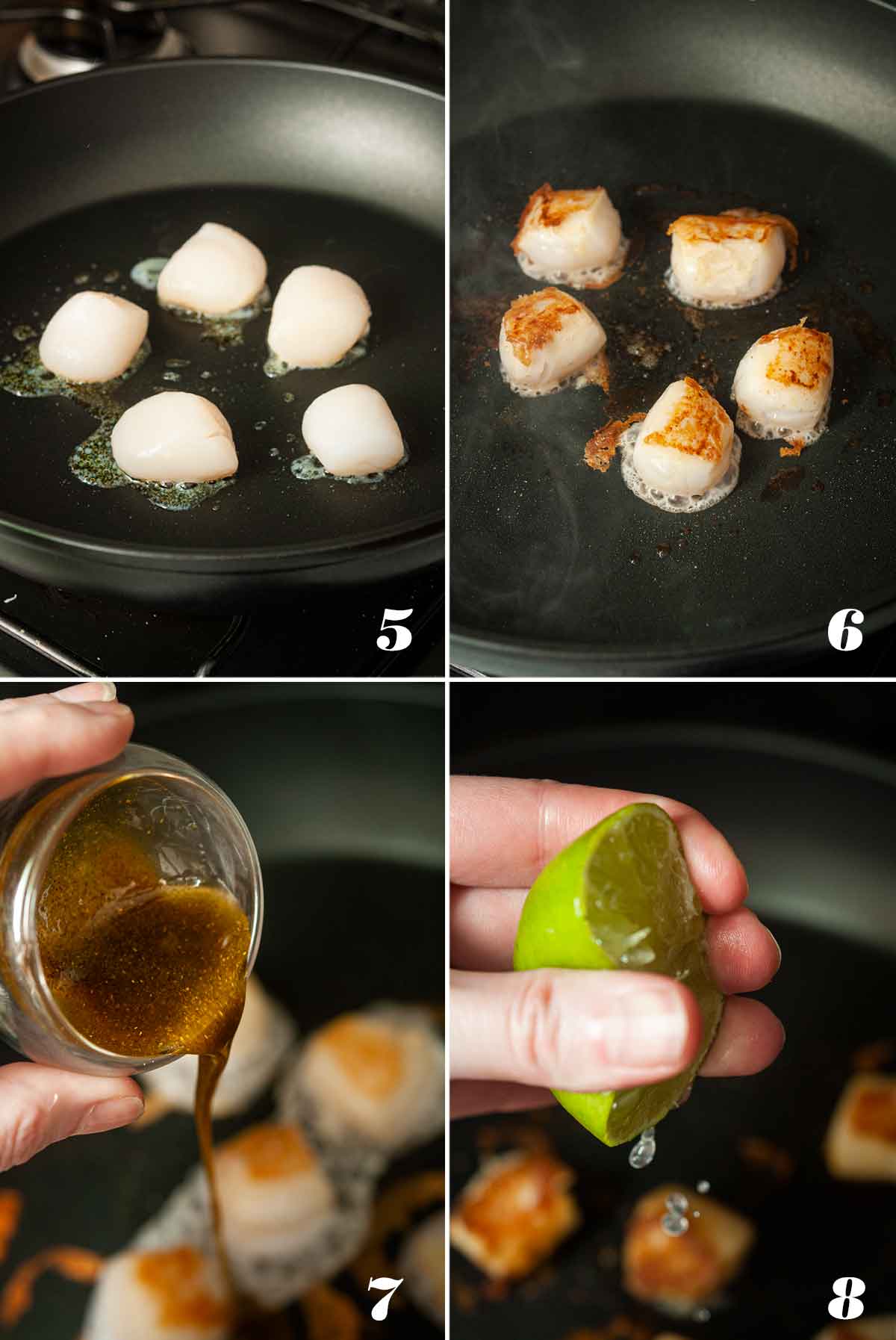 A collage of 4 images showing how to make seared curry scallops.