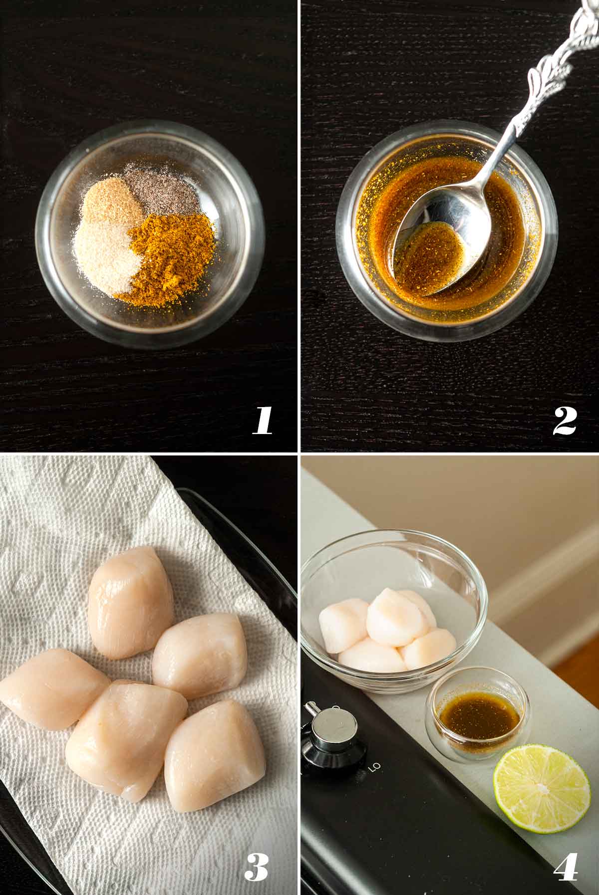 A collage of 4 images showing how to prep seared curry scallops.
