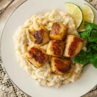 6 curry-seared scallops on a plate with mashed cauliflower, parsley and 2 lime slices.