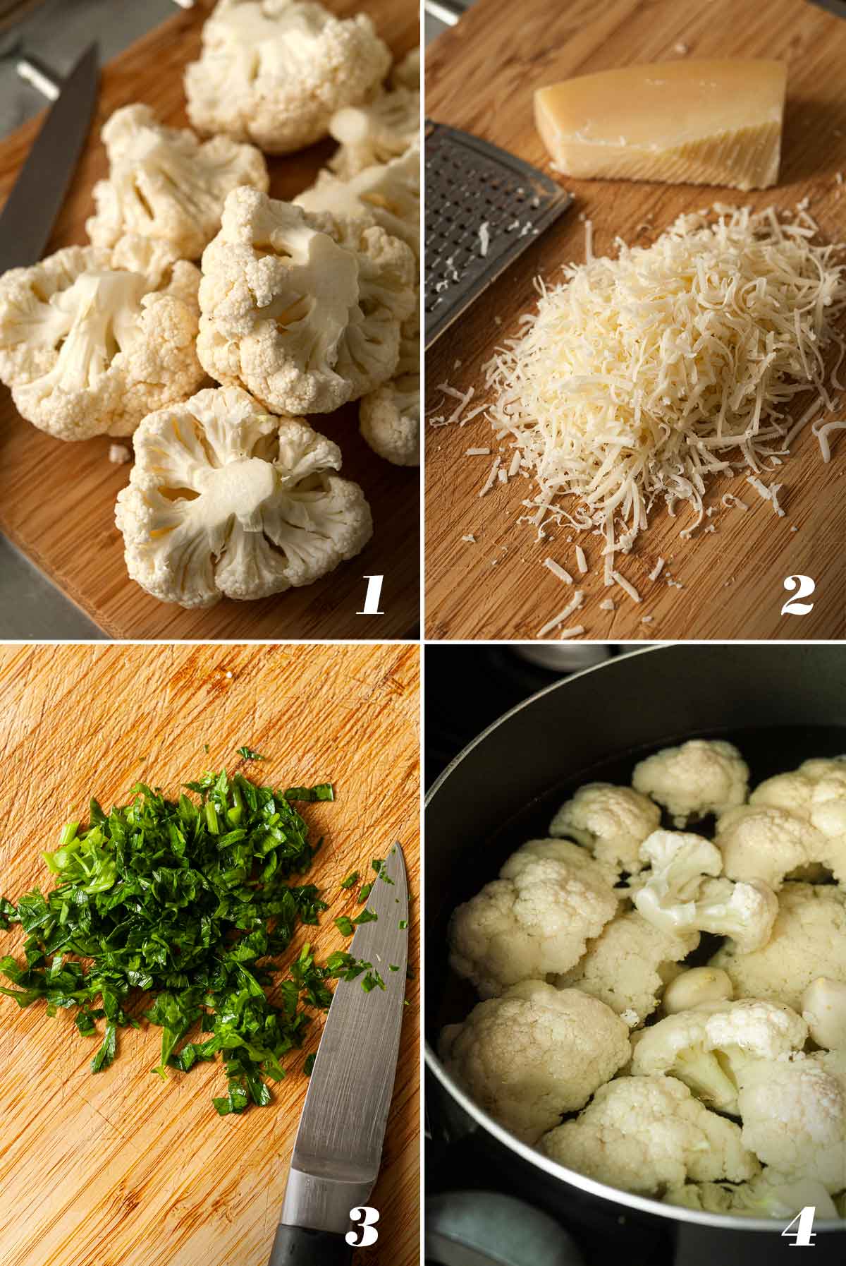 A collage of 4 images showing how to prep ingredients to make mashed cauliflower.