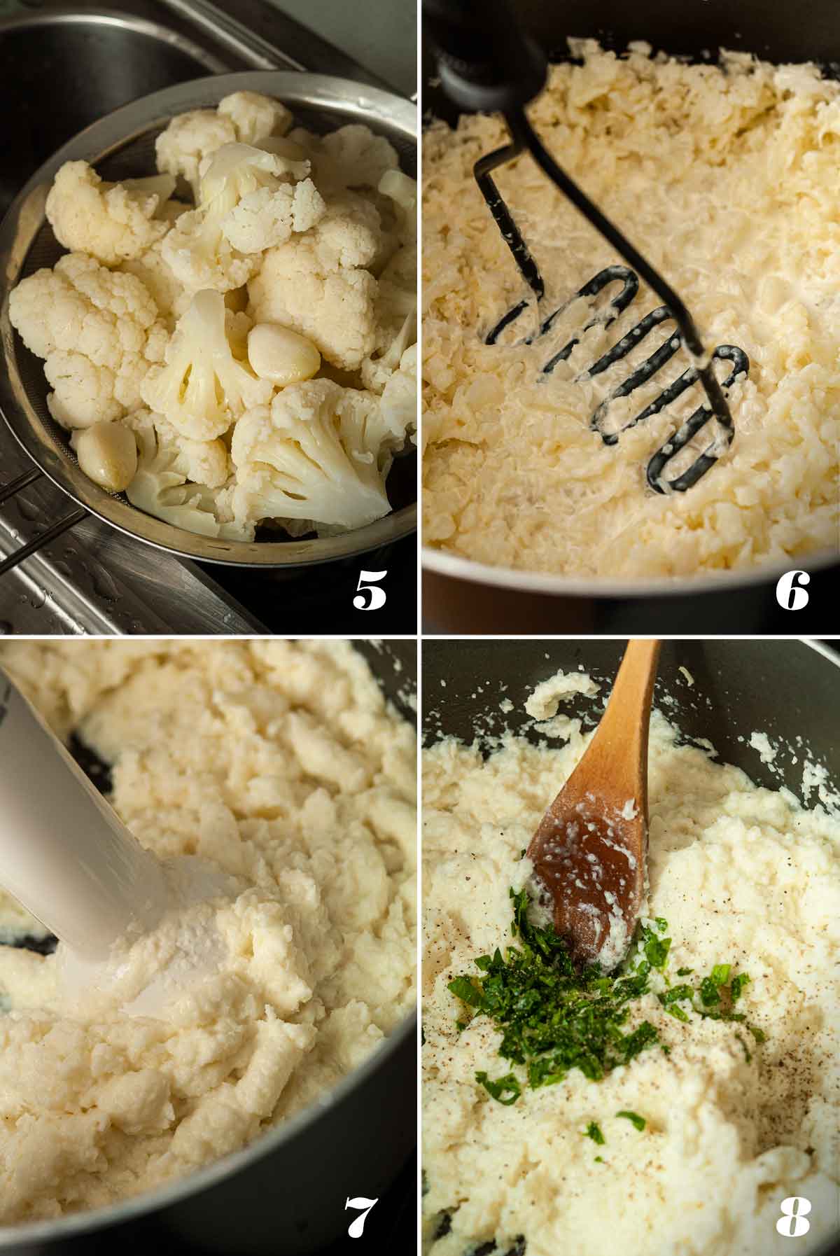 A collage of 4 images showing how to make mashed cauliflower.