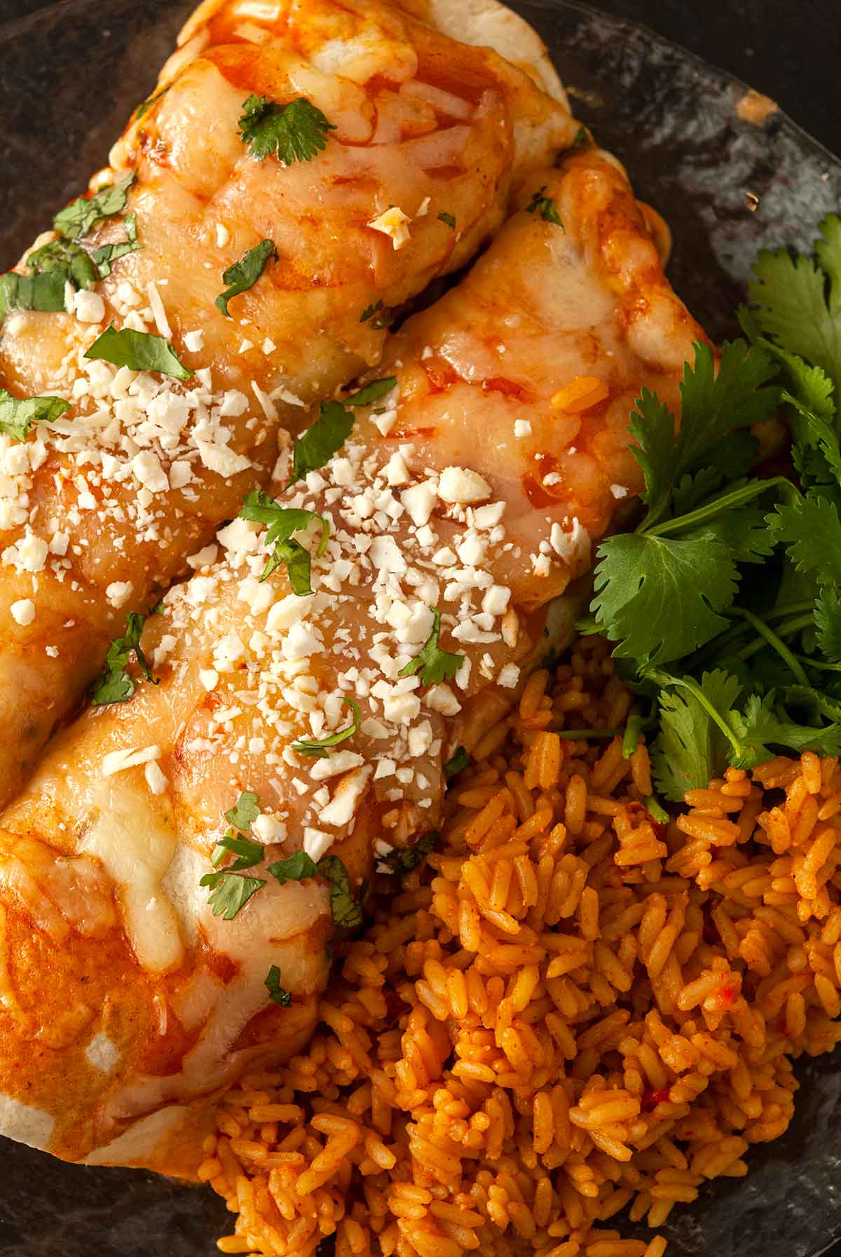 2 enchiladas on a plate with Mexican rice and cilantro.
