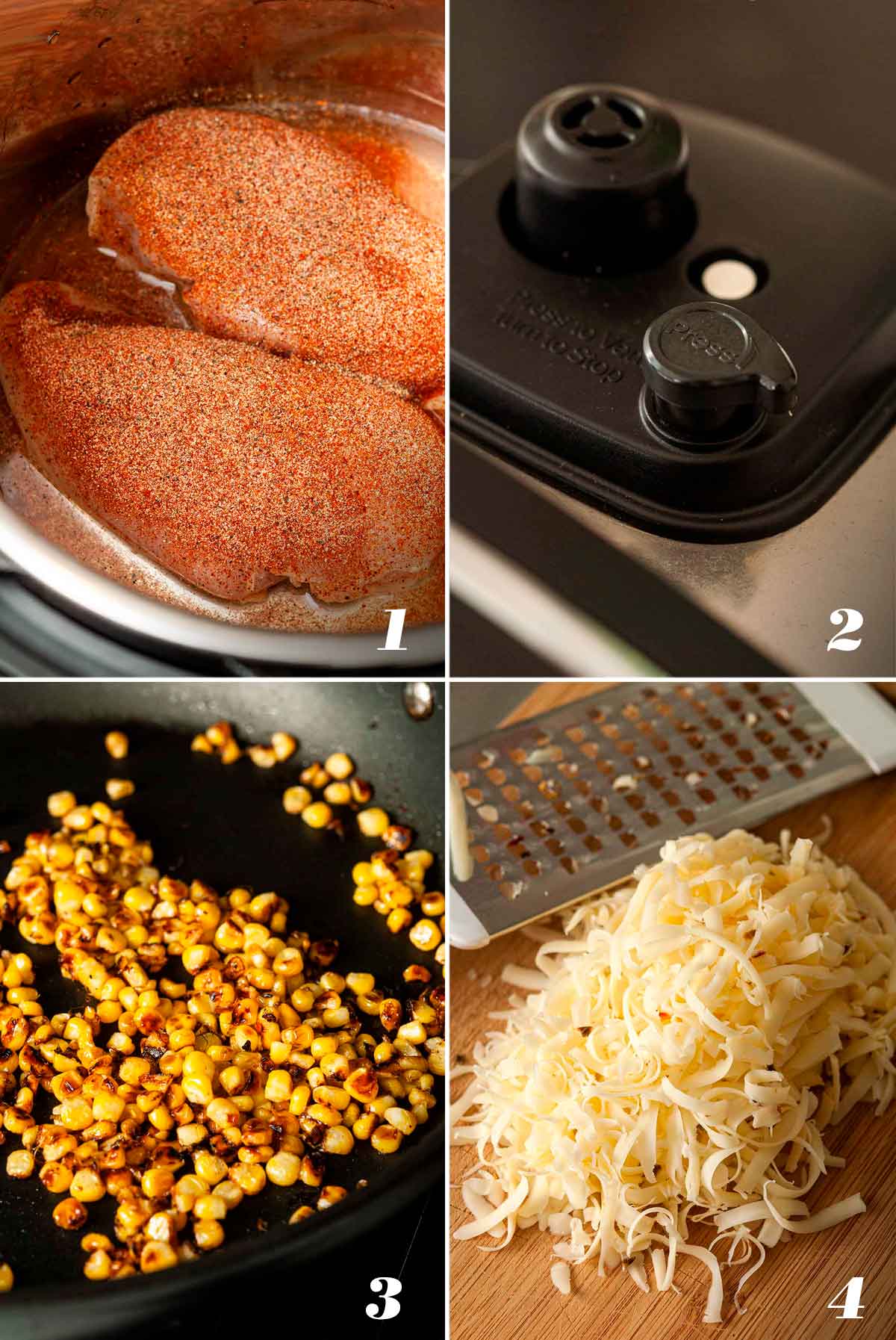 A collage of 4 numbered images showing how to prepare chicken enchiladas.