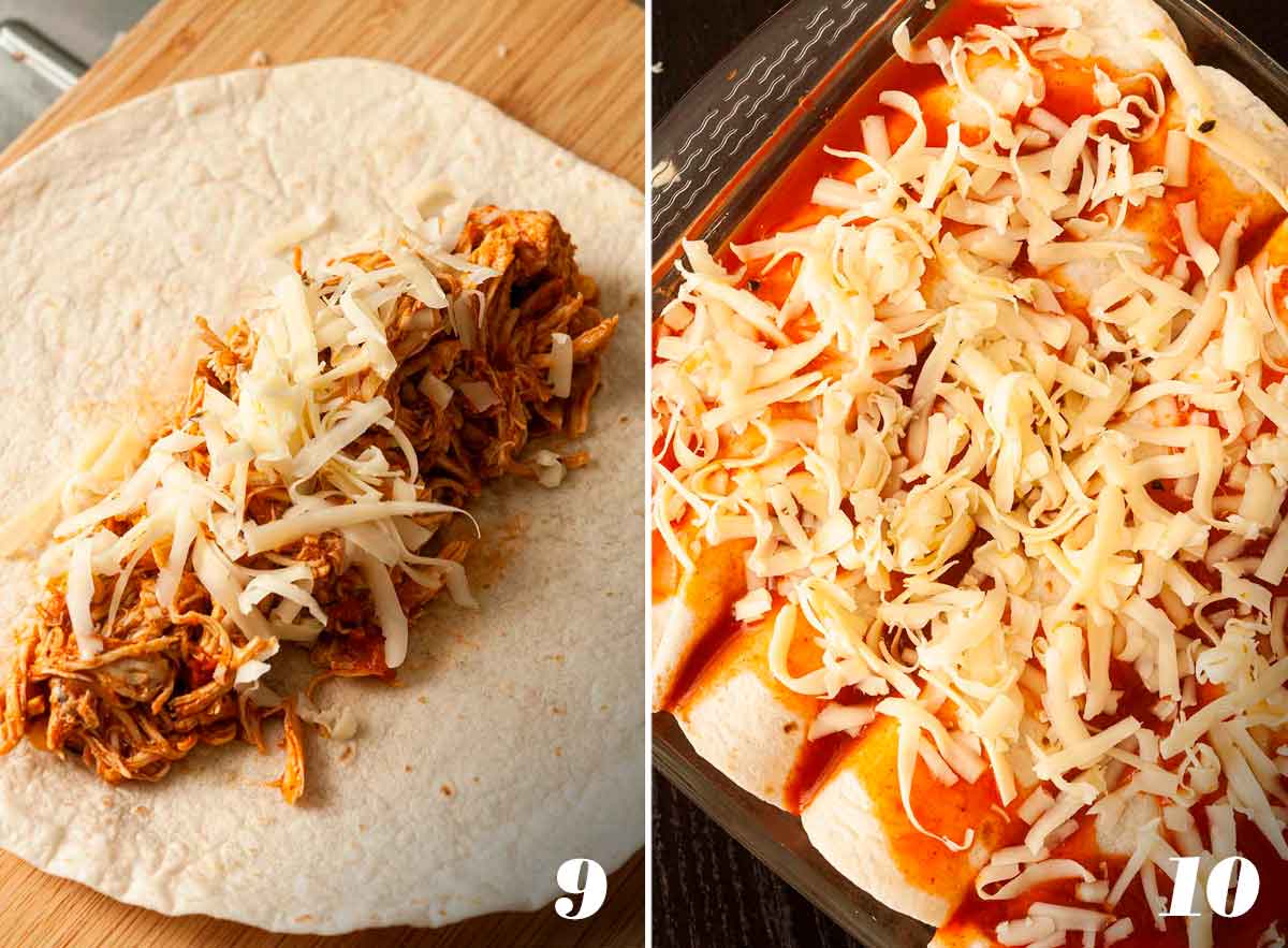 2 numbered images showing how to fill and top enchiladas before baking.