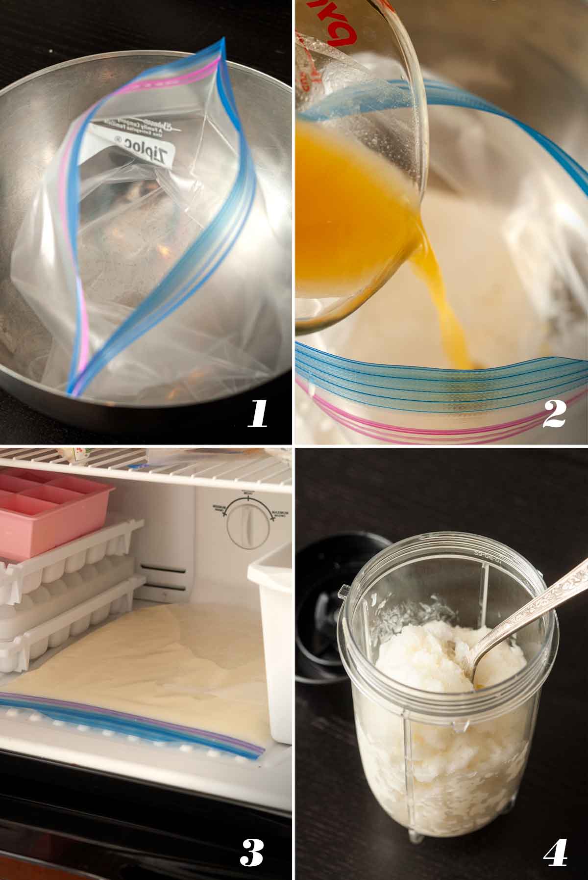 A collage of 4 numbered images showing how to make frozen piña coladas.
