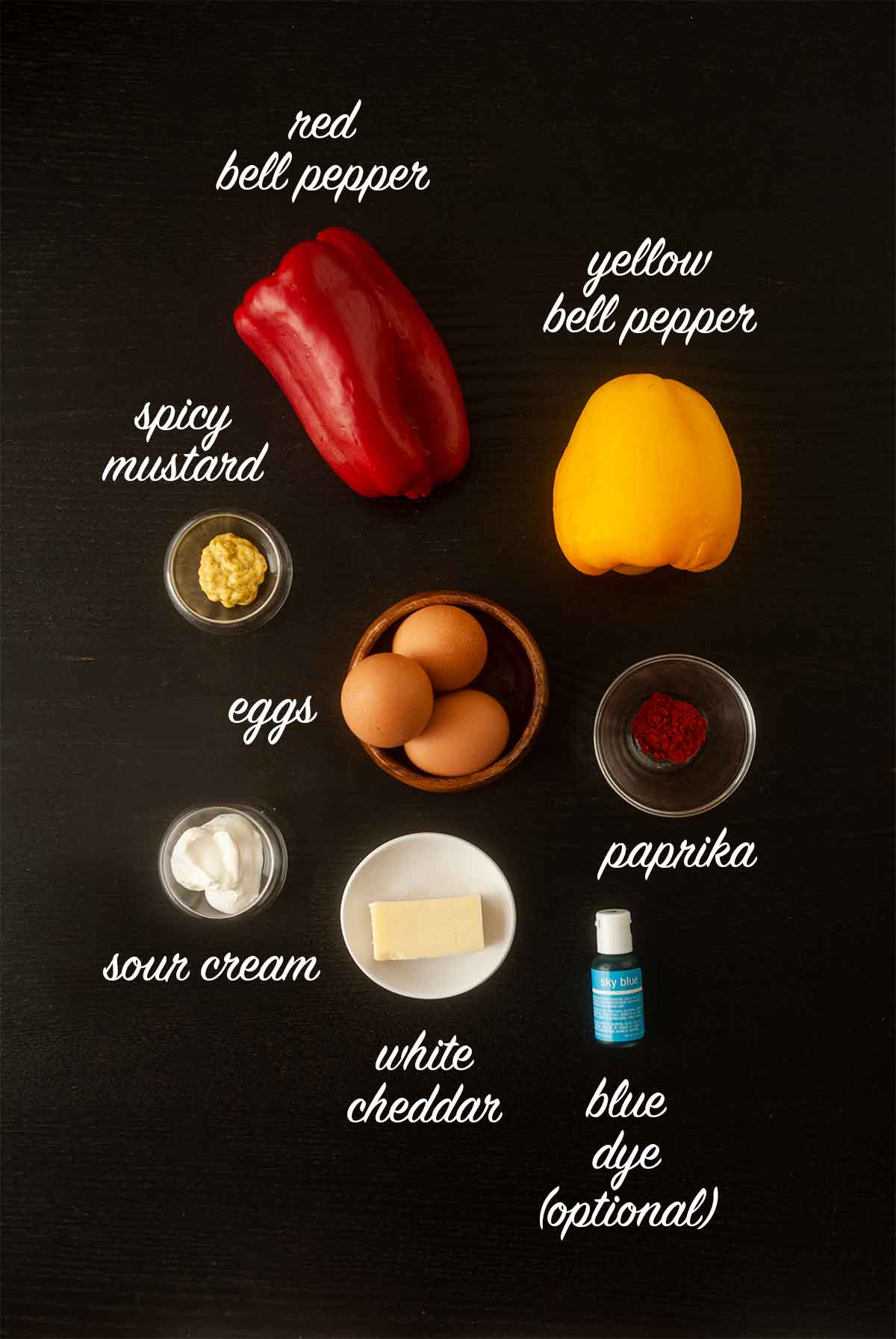 8 ingredients on a table with text labeling what they are.