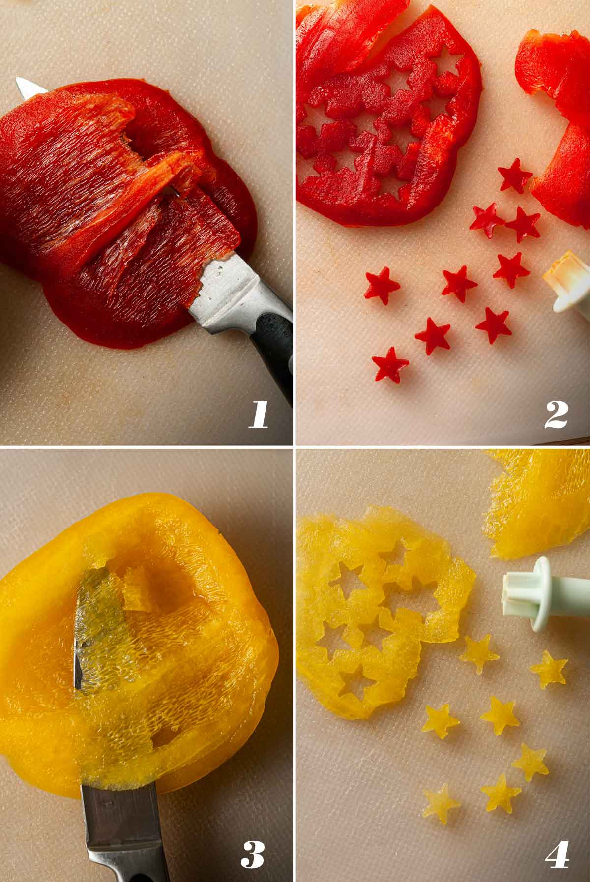 A collage of 4 numbered images showing how to make red and yellow stars out of bell pepper.
