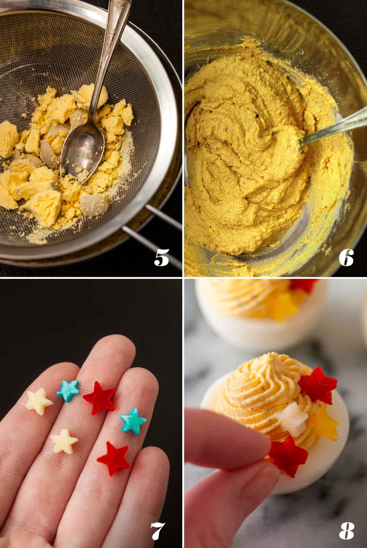 A collage of 4 numbered images showing how to make deviled egg filling and star garnishes.