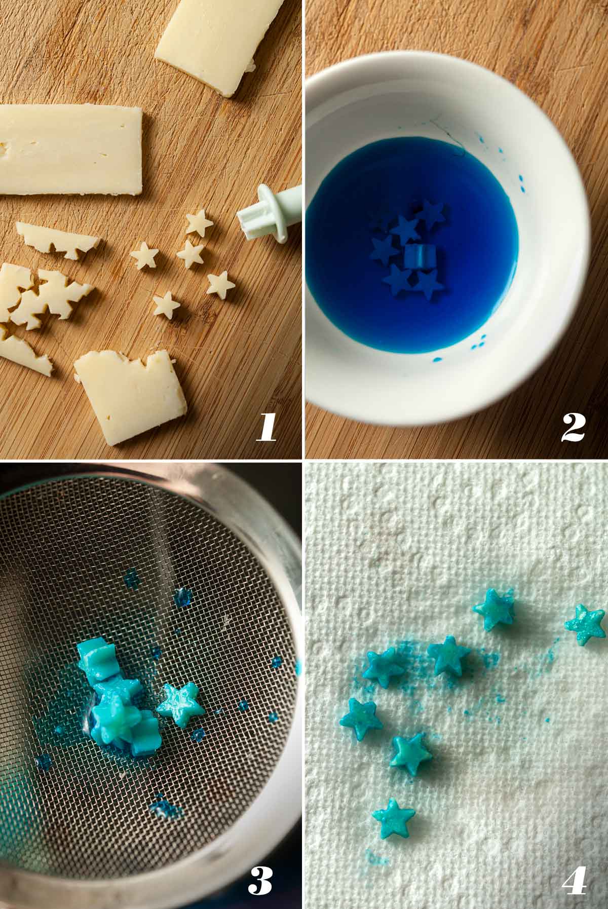 A collage of 4 numbered images showing how to create blue cheese stars.