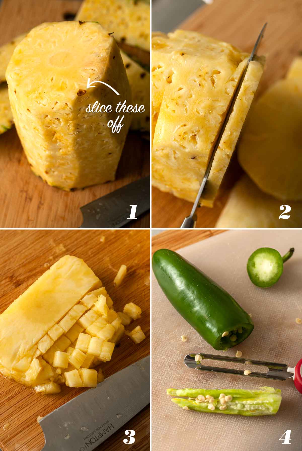 A collage of 4 numbered images showing how to prepare ingredients for salsa.