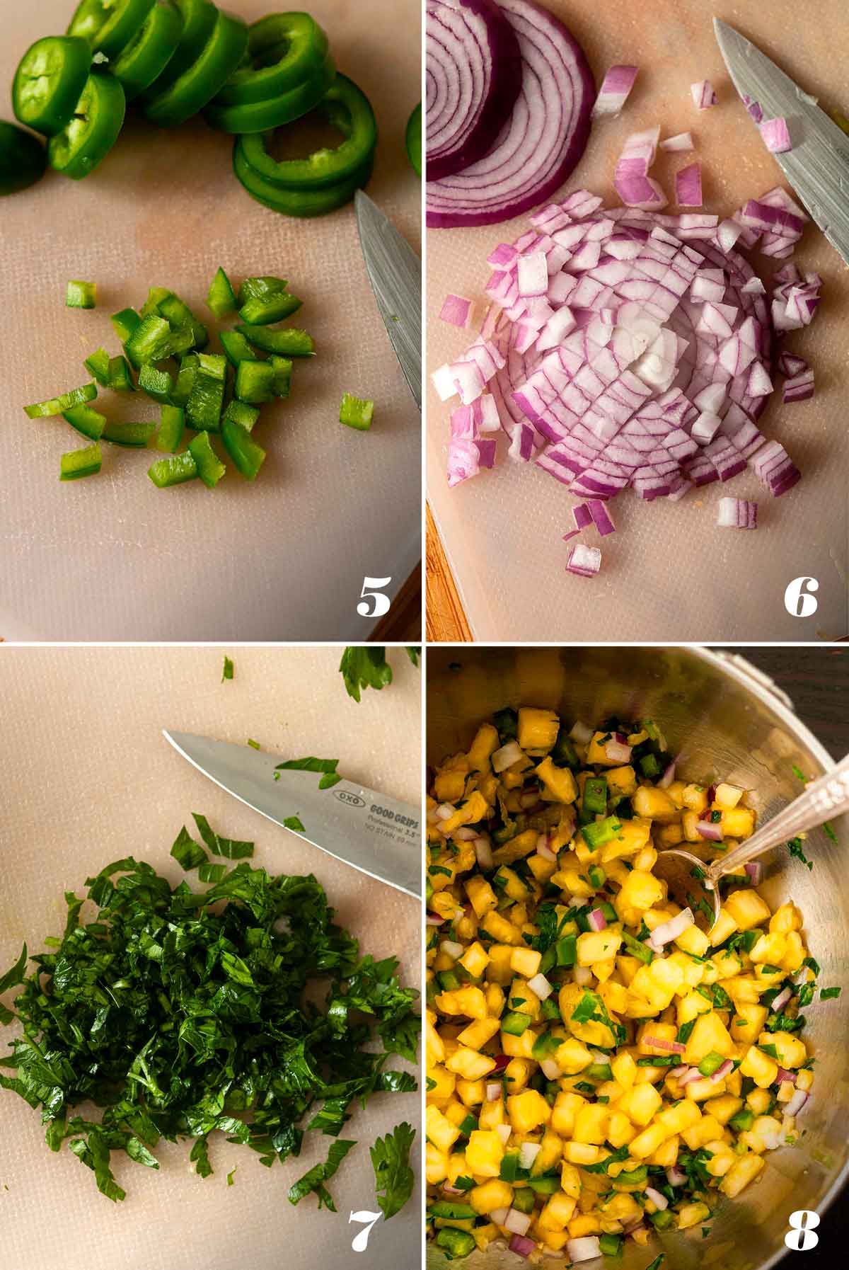 A collage of 4 numbered images showing how to make pineapple jalapeño salsa.