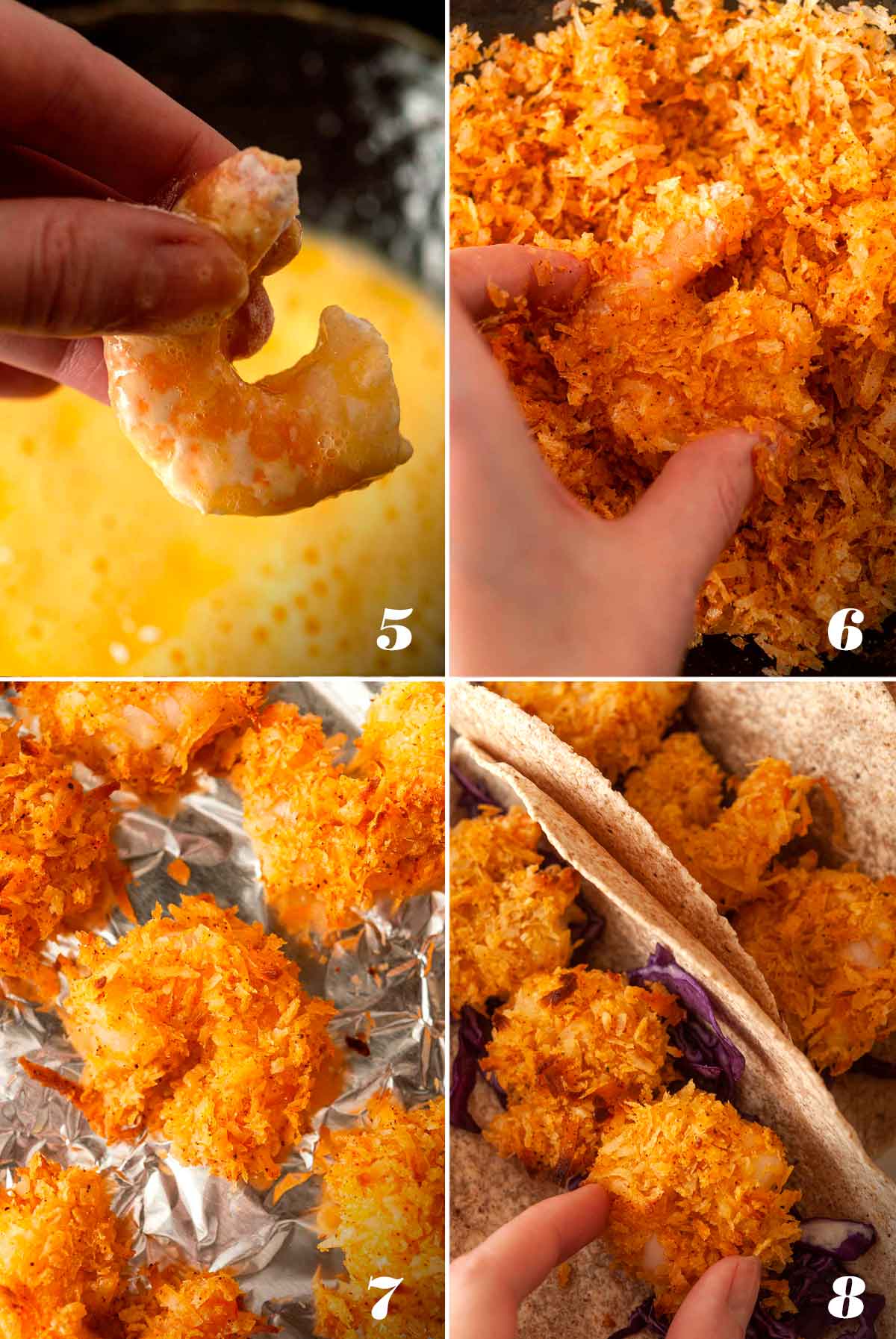 A collage of 4 numbered images showing how to dip and bake coconut shrimp.