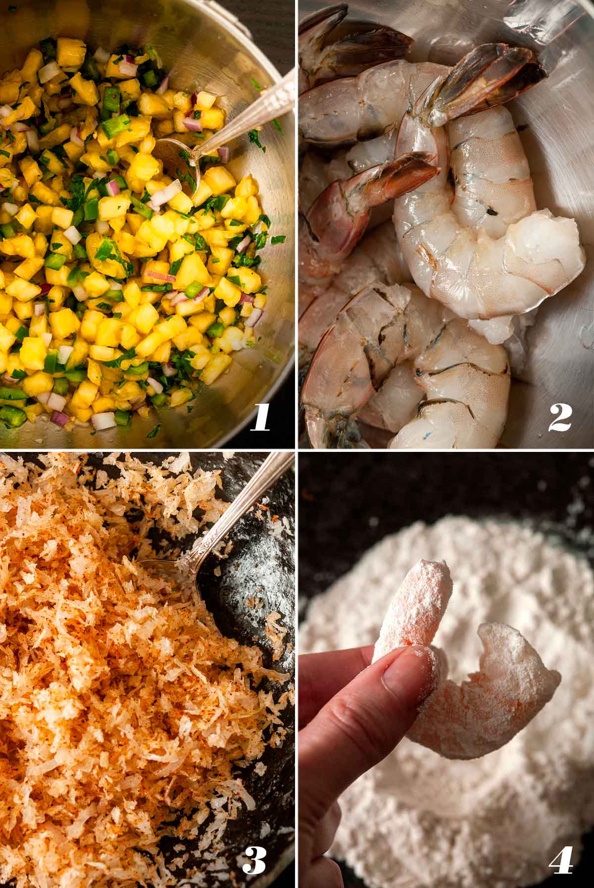 A collage of 4 numbered images showing how to make pineapple salsa and prep coconut shrimp.