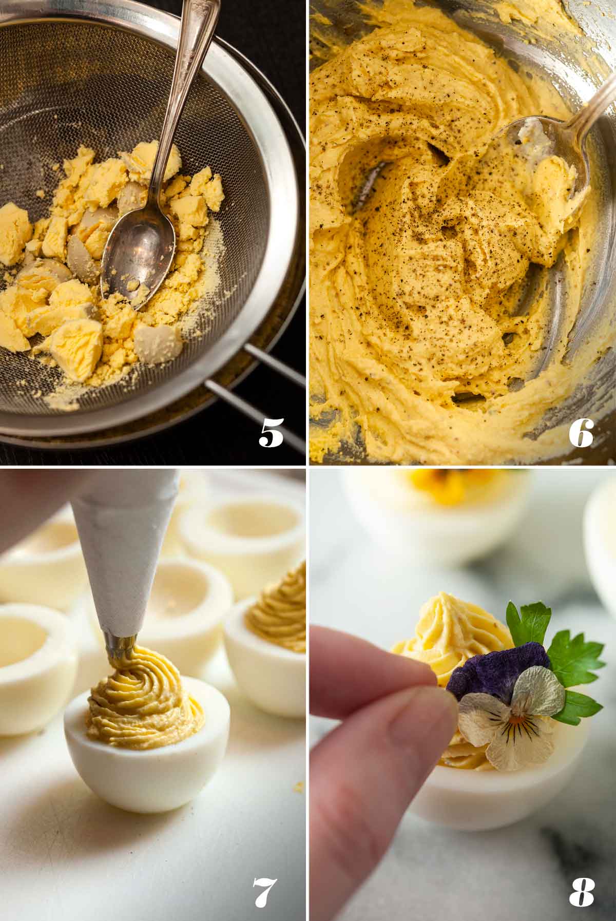 A collage of 4 numbered images, showing how to make deviled eggs and garnish them.