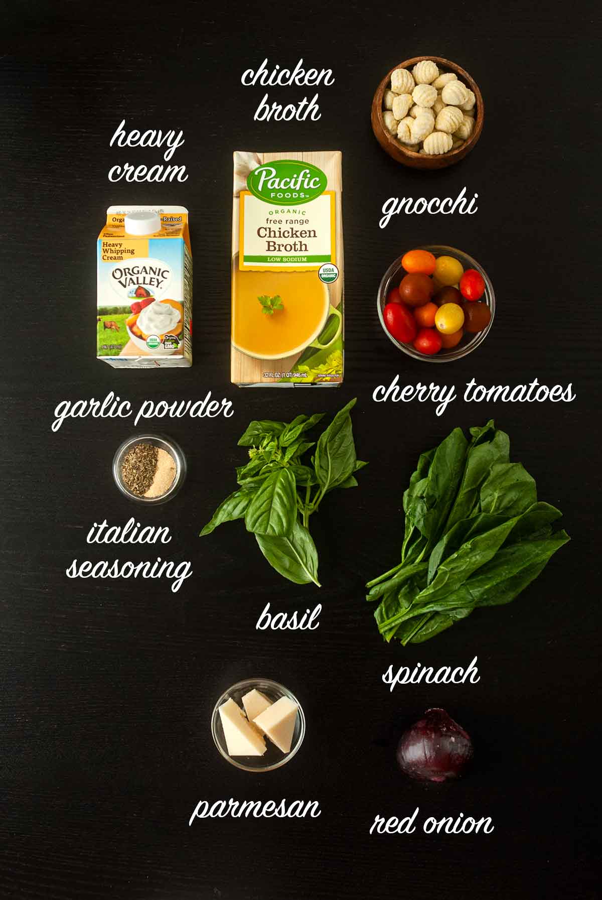 9 ingredients on a table with text labels describing what they are.