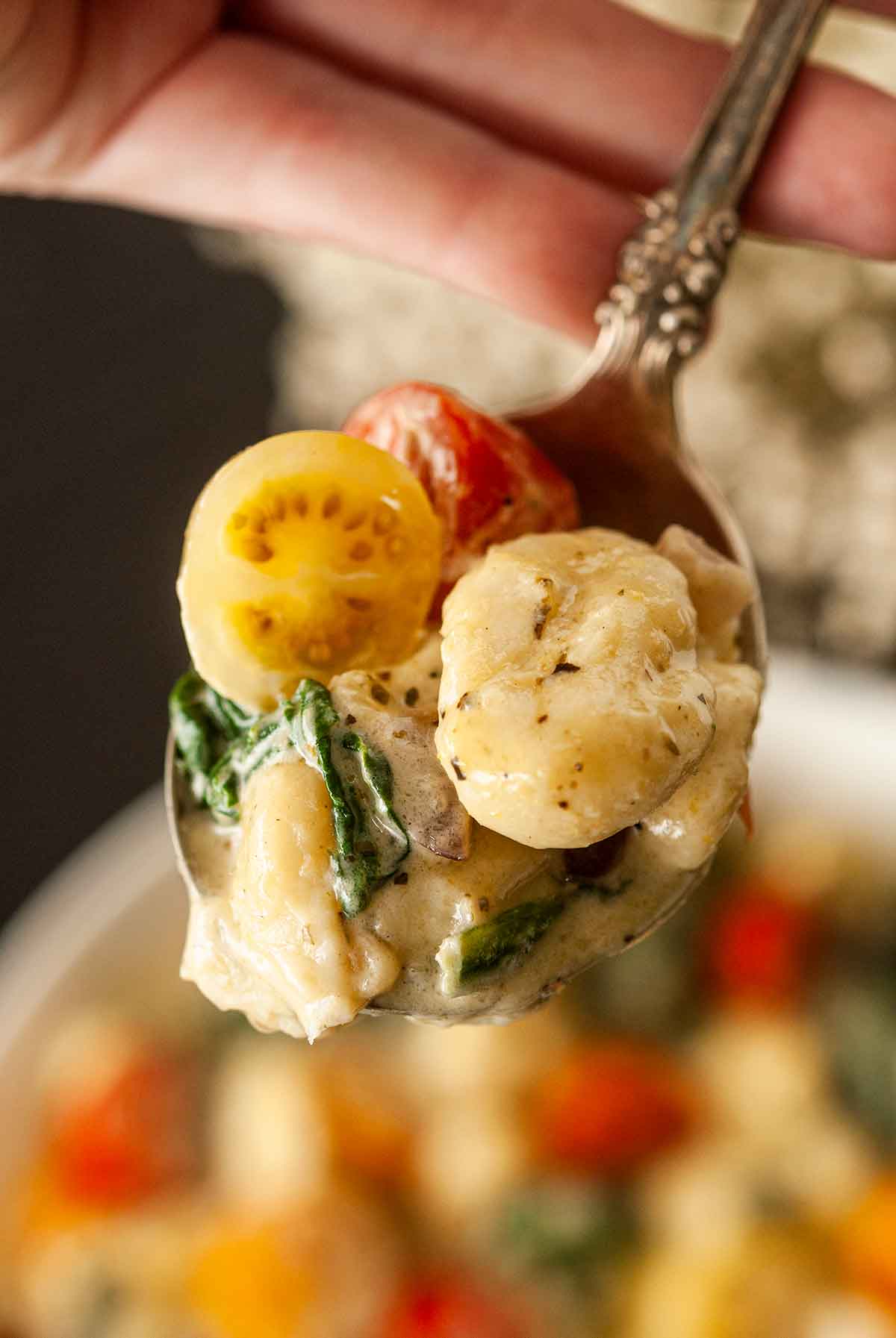 A spoon of gnocchi with tomatoes and spinach,