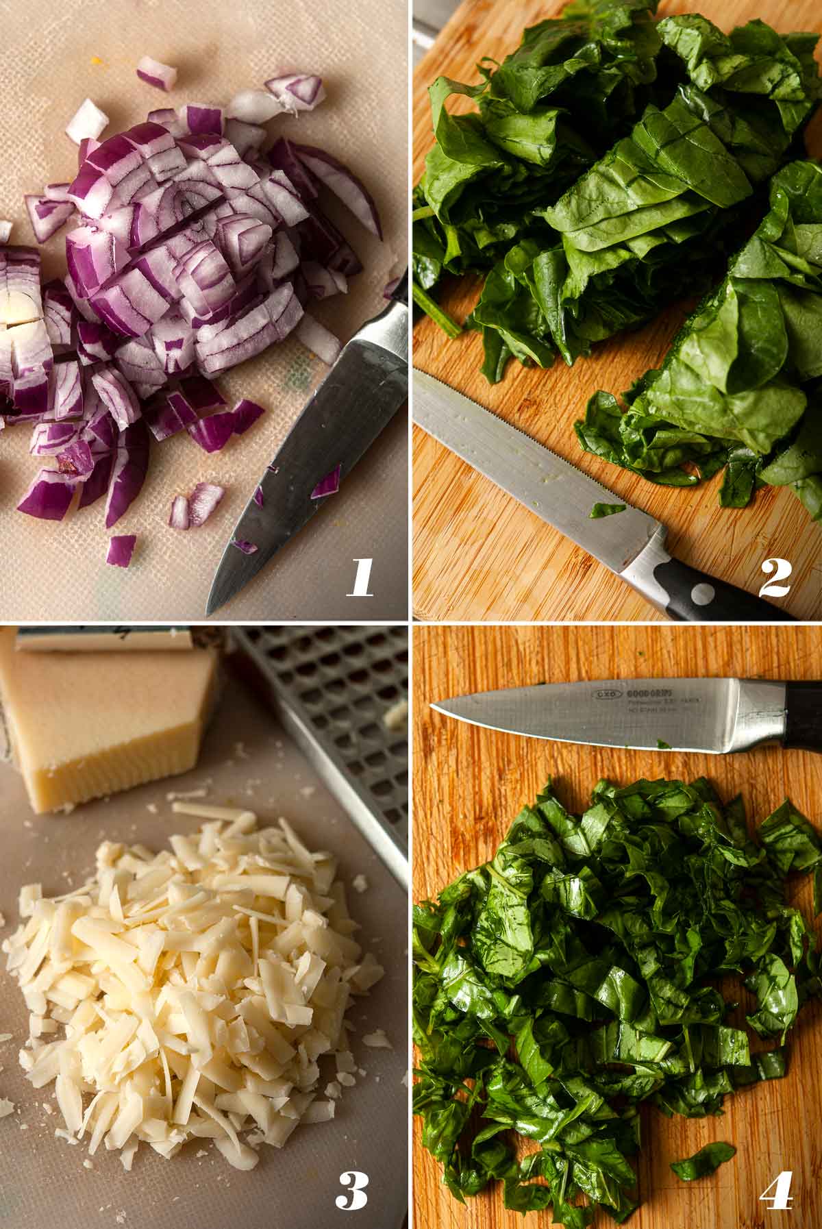 A collage of 4 numbered images showing how to prepare ingredients.