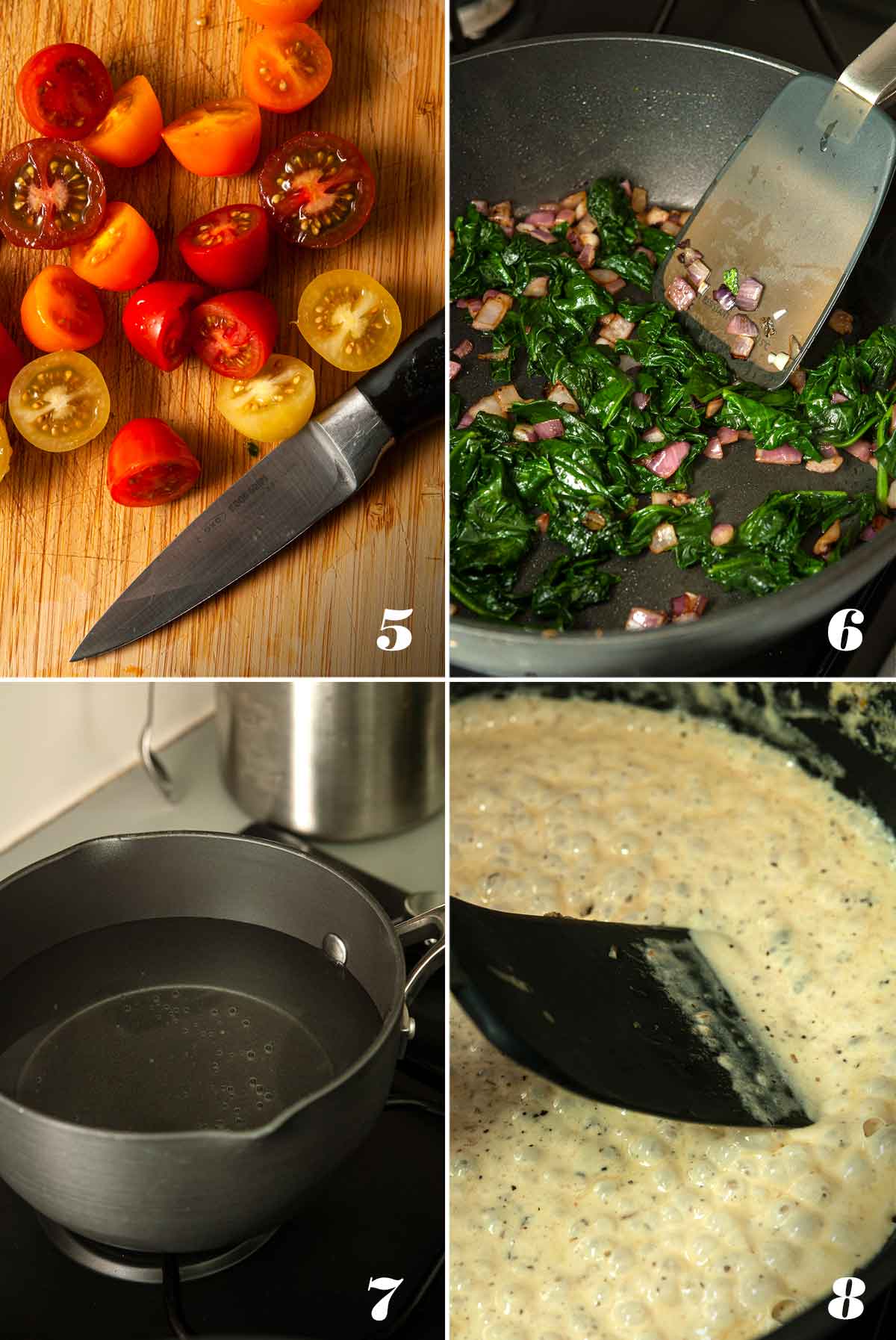 A collage of 4 numbered images showing how to cook ingredients.