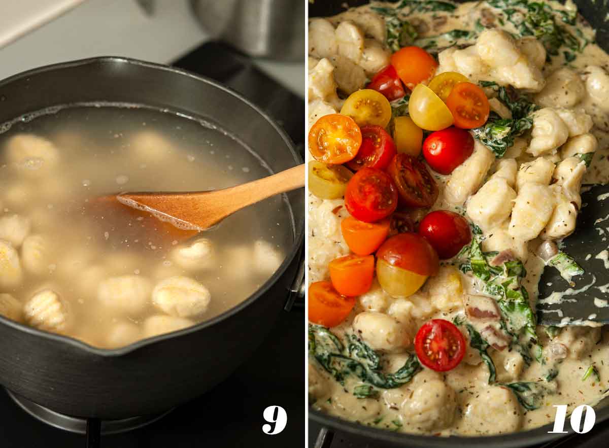 2 numbered images showing how to strain gnocchi and add it to other ingredients.