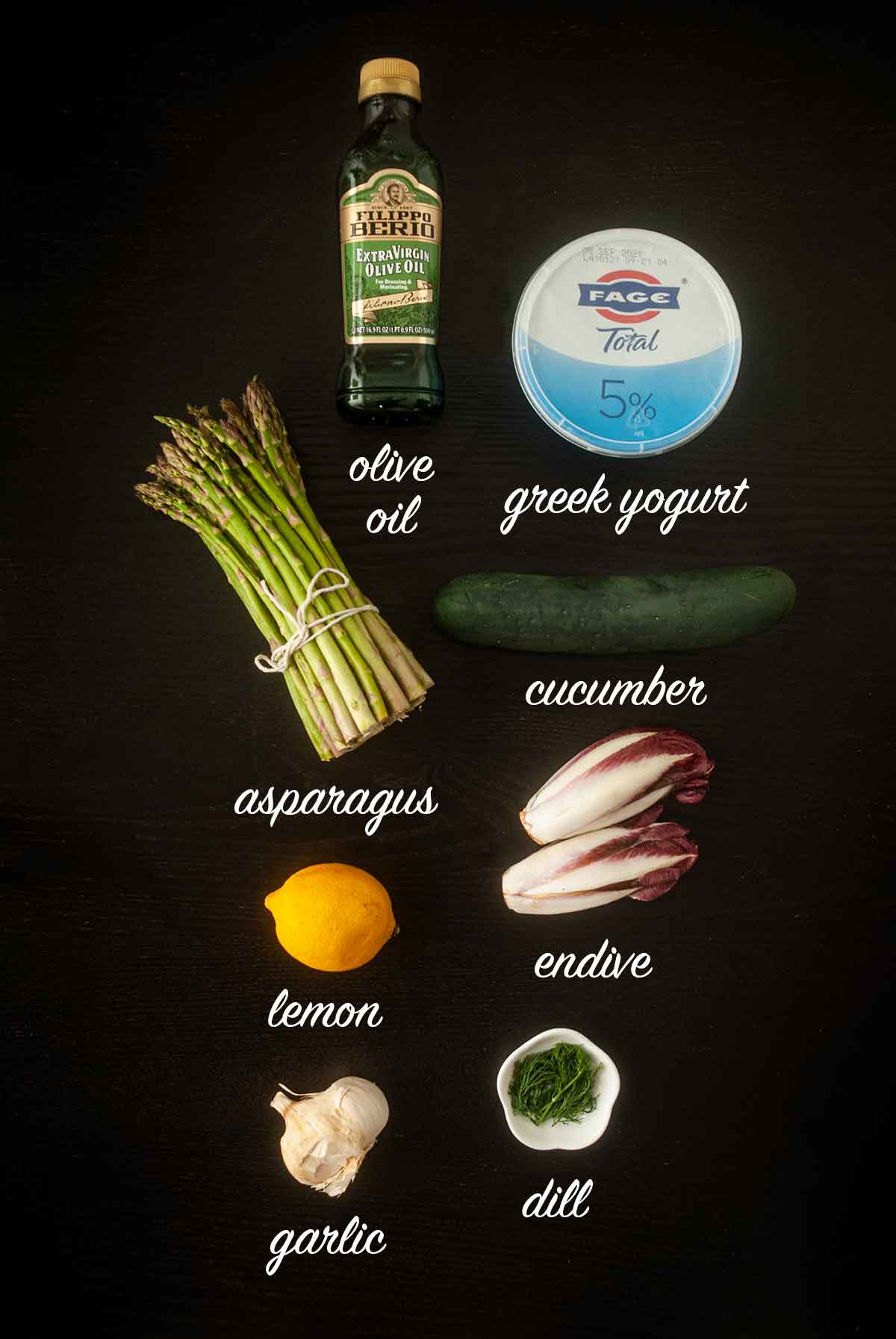 7 ingredients for making Tzatziki, endive and lemon asparagus with titles explaining what they are.