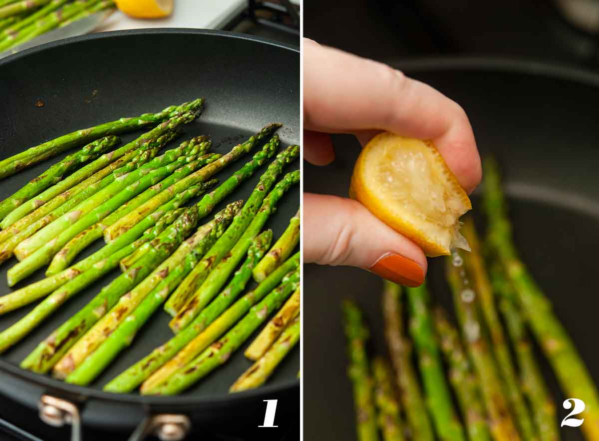 2 numbered images showing how to make lemon asparagus.