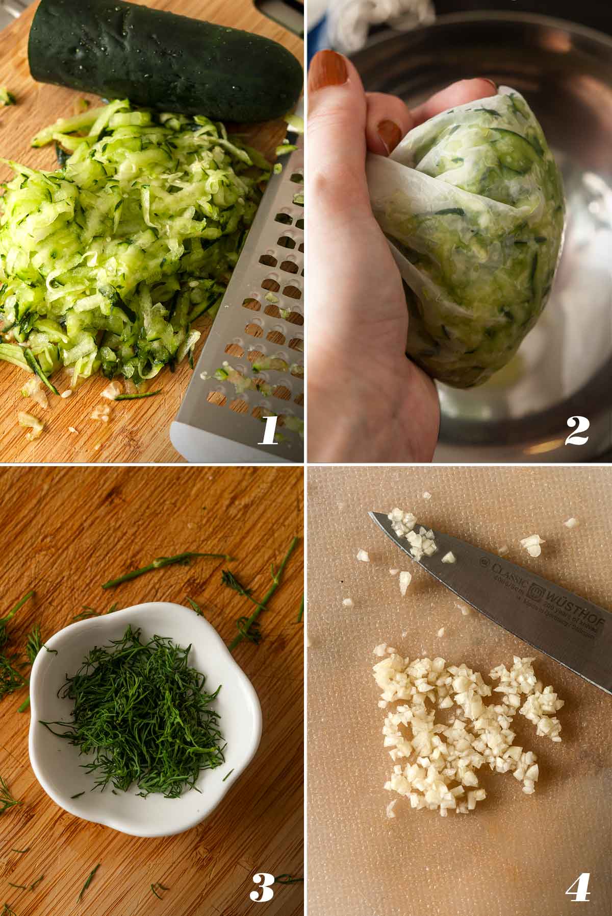 A collage of 4 numbered images showing how to prepare ingredients for tzatziki.