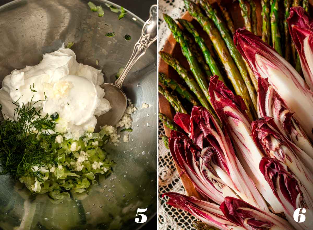 2 numbered images showing how to mix tzatziki and prepare endive and asparagus.