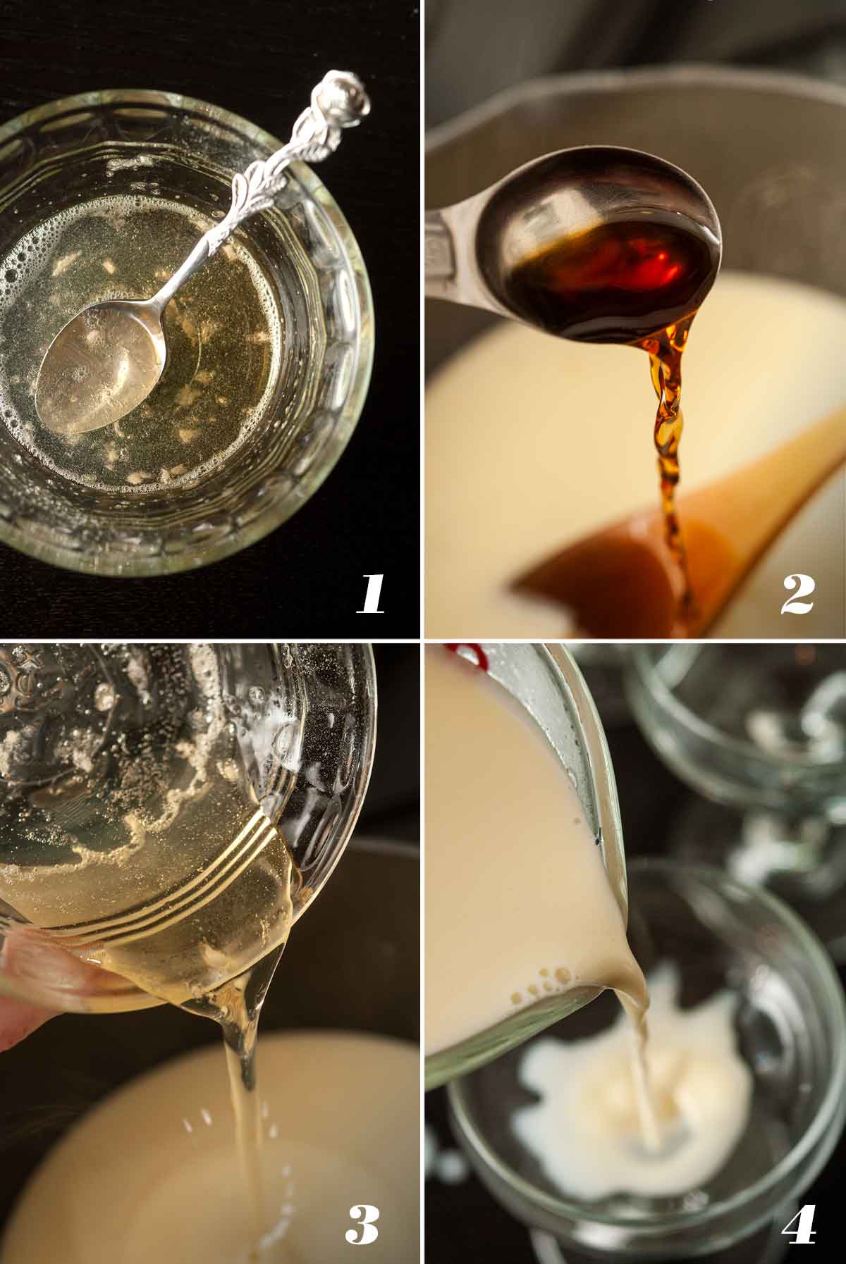 A collage of 4 numbered images showing how to make panna cotta.