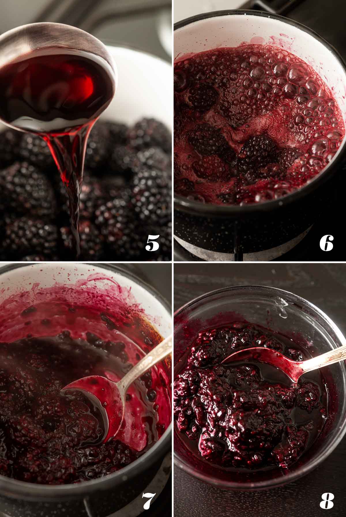 A collage of 4 numbered images showing how to make berry sauce.