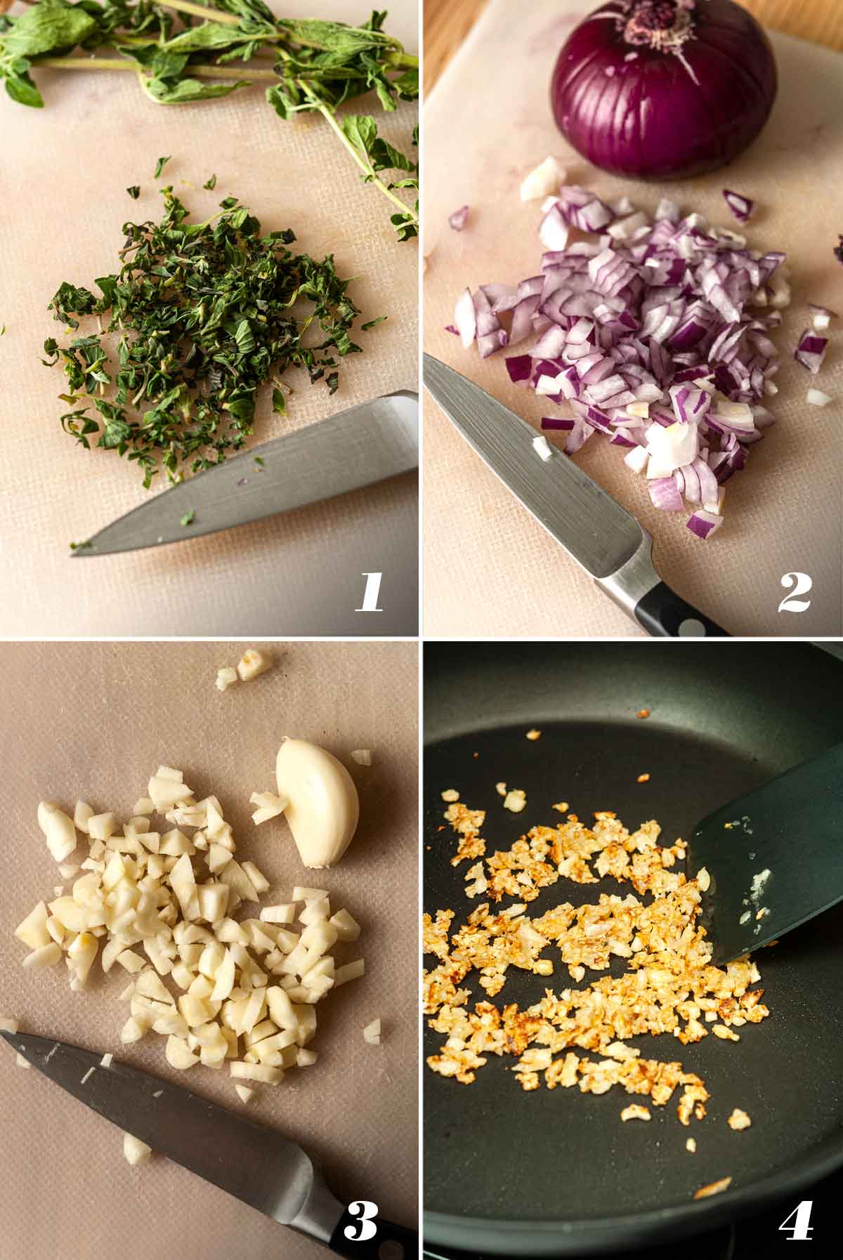 A collage of 4 images showing how to prepare ingredients for spicy lamb meatballs.