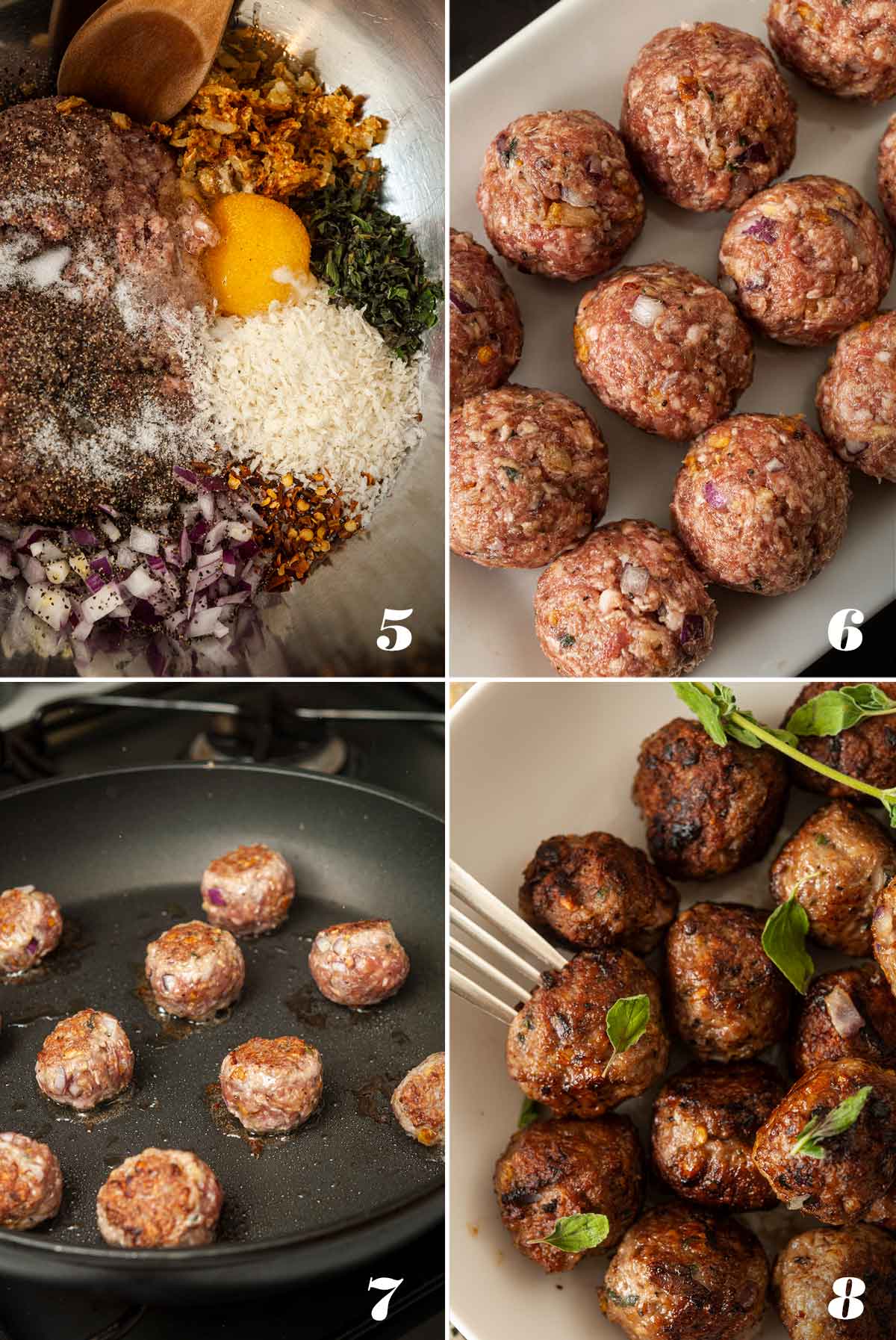 A collage of 4 images showing how to make spicy lamb meatballs.