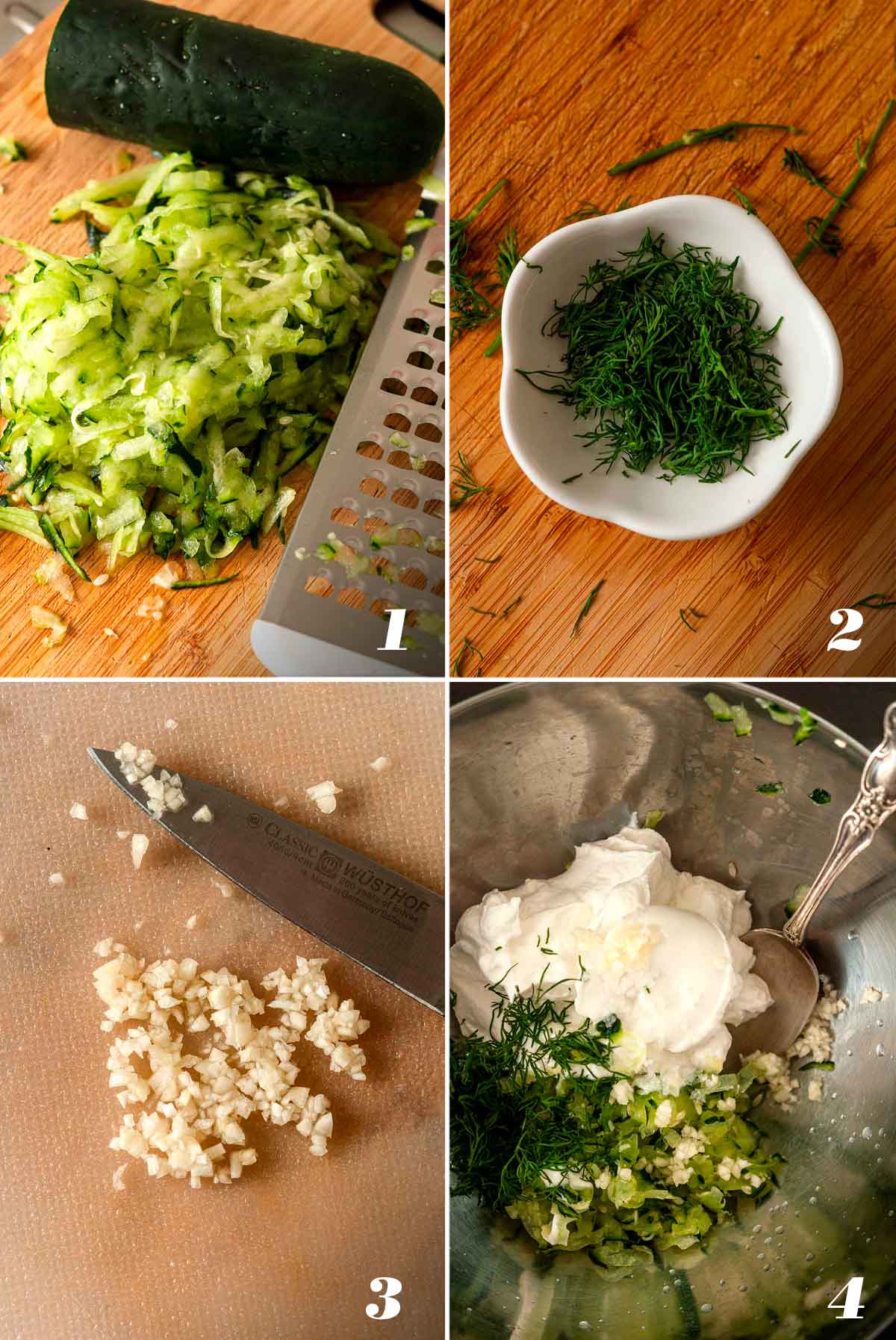 A collage of 4 numbered images showing how to make tzatziki.