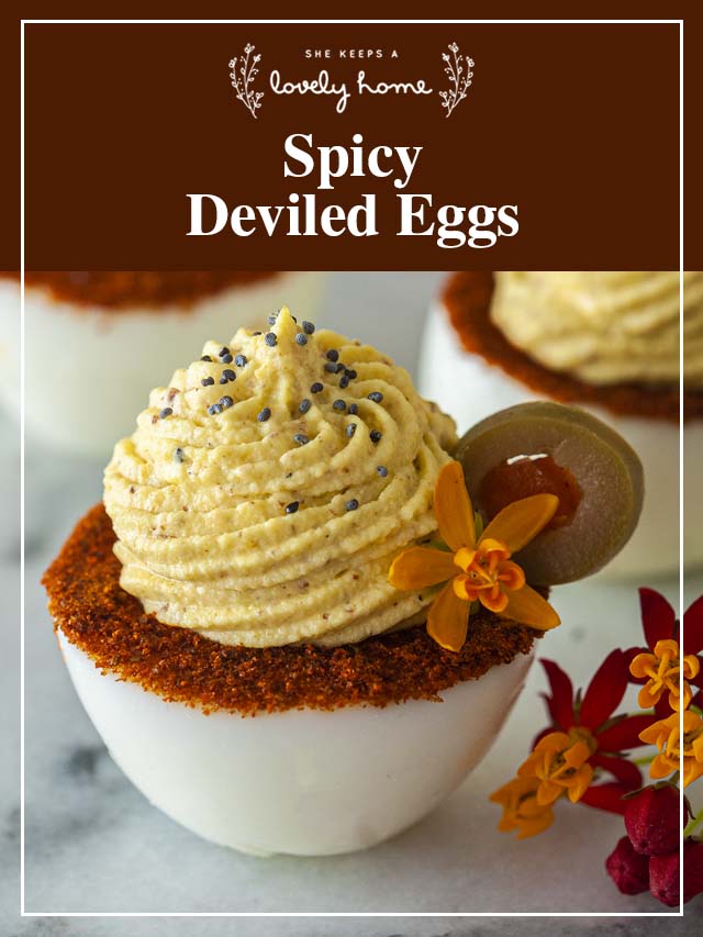 a spice-rimmed deviled egg with a title that says "Spicy Deviled Eggs."