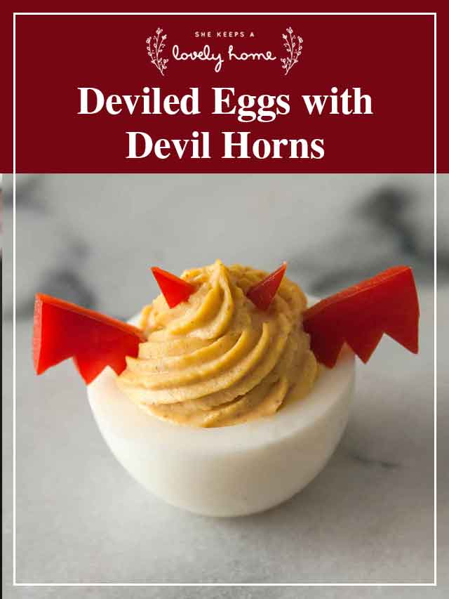 A deviled egg with horns with a title that says "Deviled Eggs with Devil Horns."