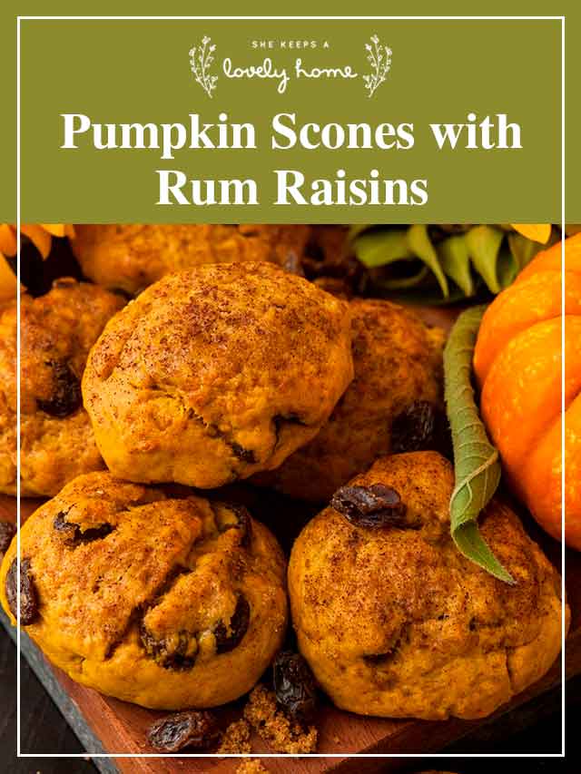3 pumpkin scones with a title that says "Pumpkin Scones with Rum Raisins."