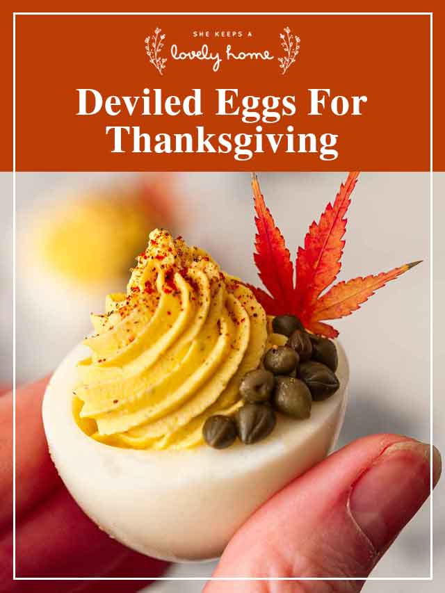 Fingers holding a deviled egg with a title that says "Deviled Eggs for Thanksgiving."