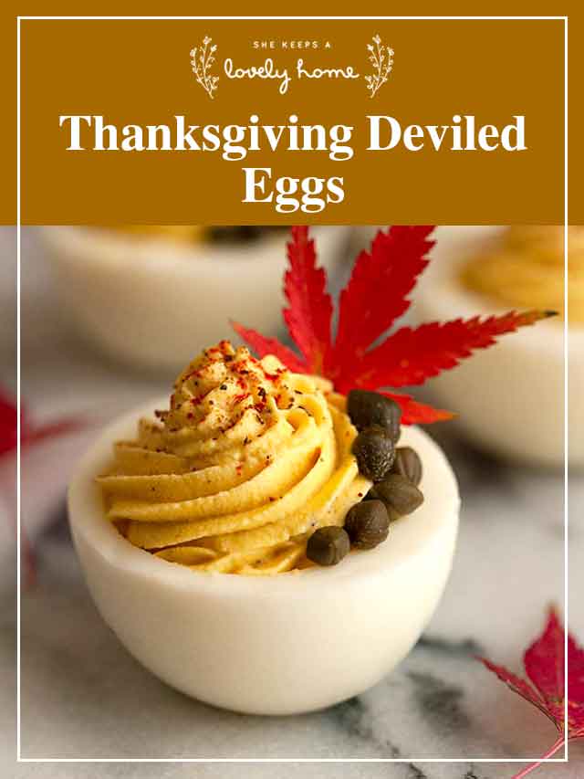 A garnished deviled egg with a title that says "Thanksgiving Deviled Eggs."