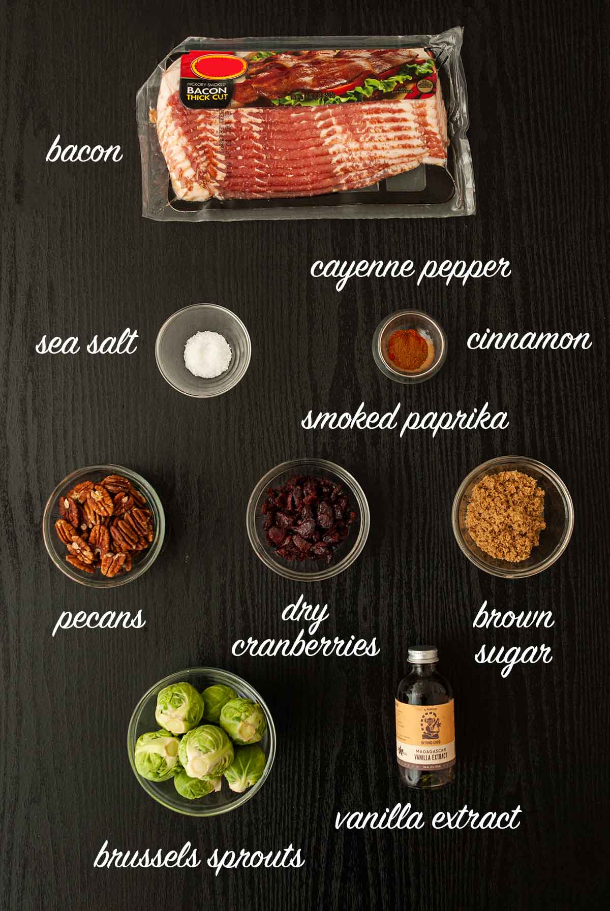8 ingredients on a table with titles describing what they are.