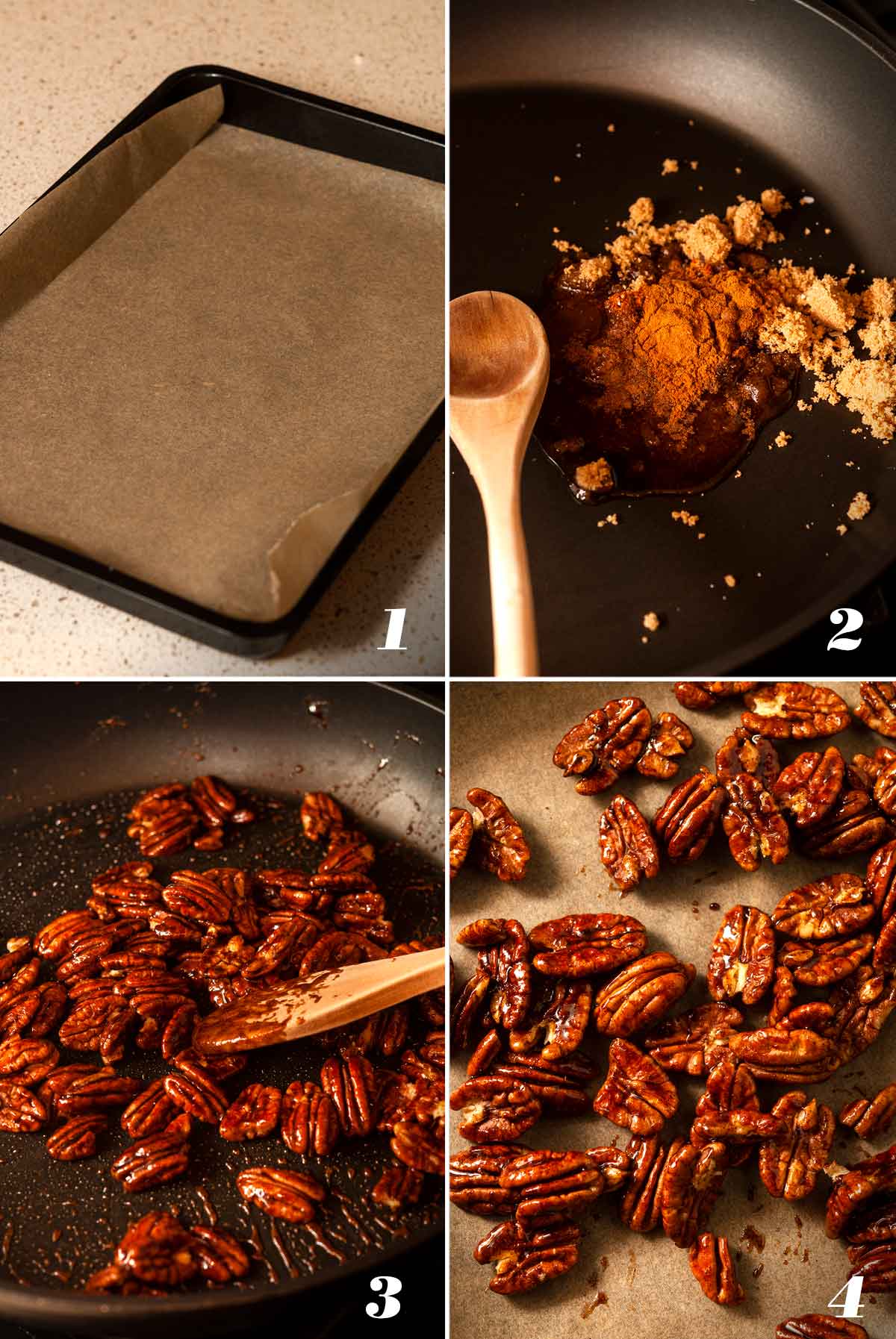 A collage of 4 images showing how to make candied pecans.