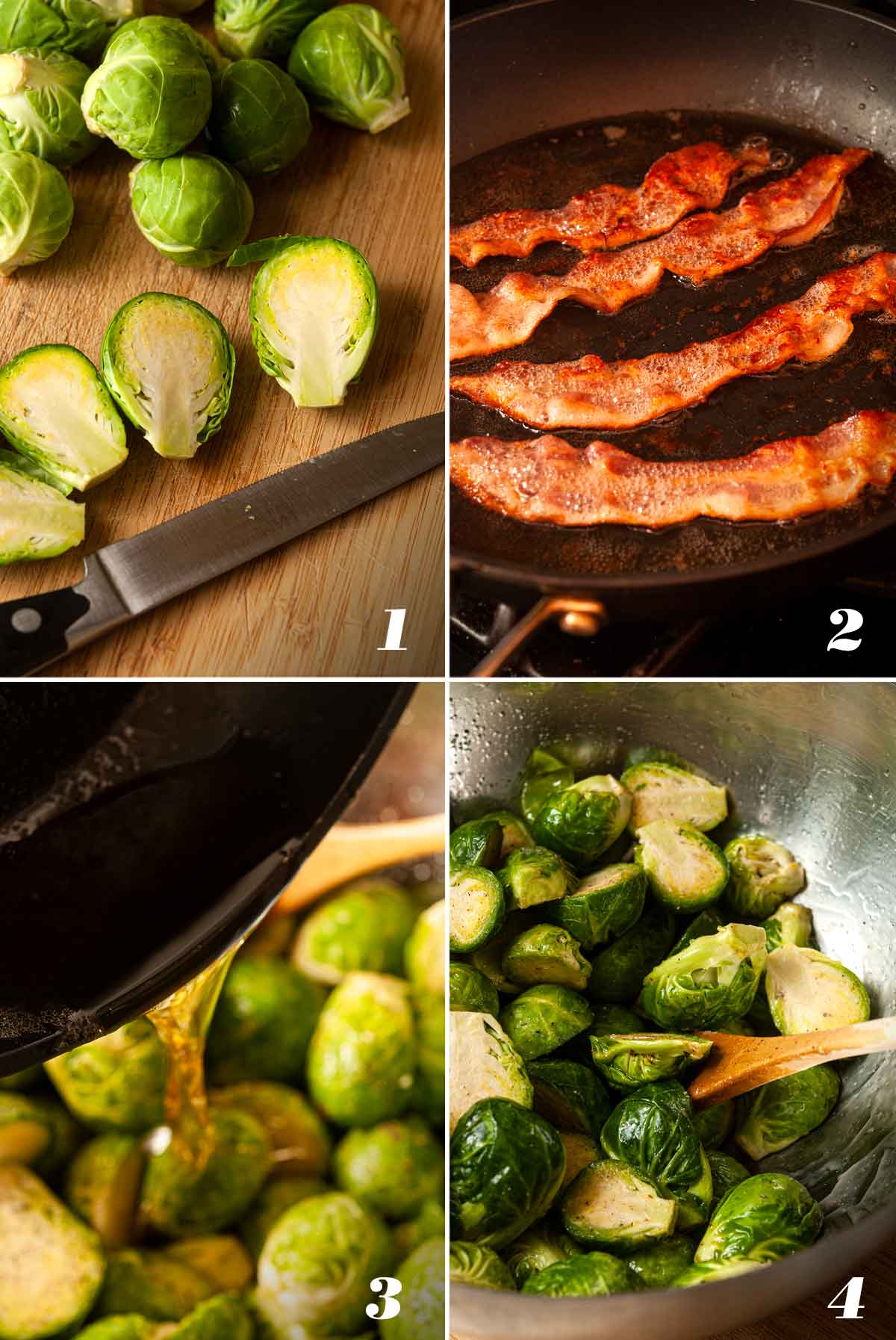 A collage of 4 images showing how to prepare Brussels Sprouts and bacon.