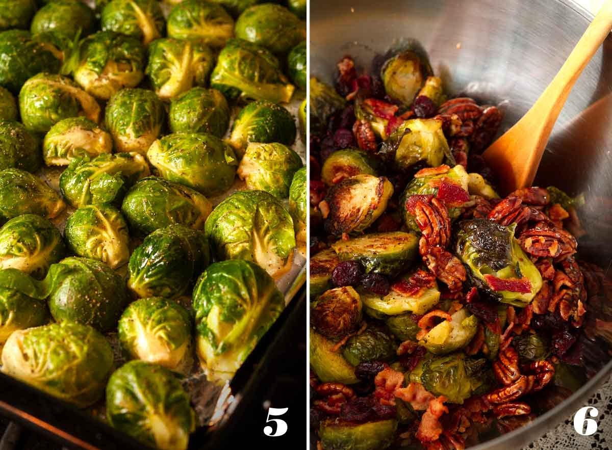 2 numbered images showing how to bake and mix Brussels sprouts.