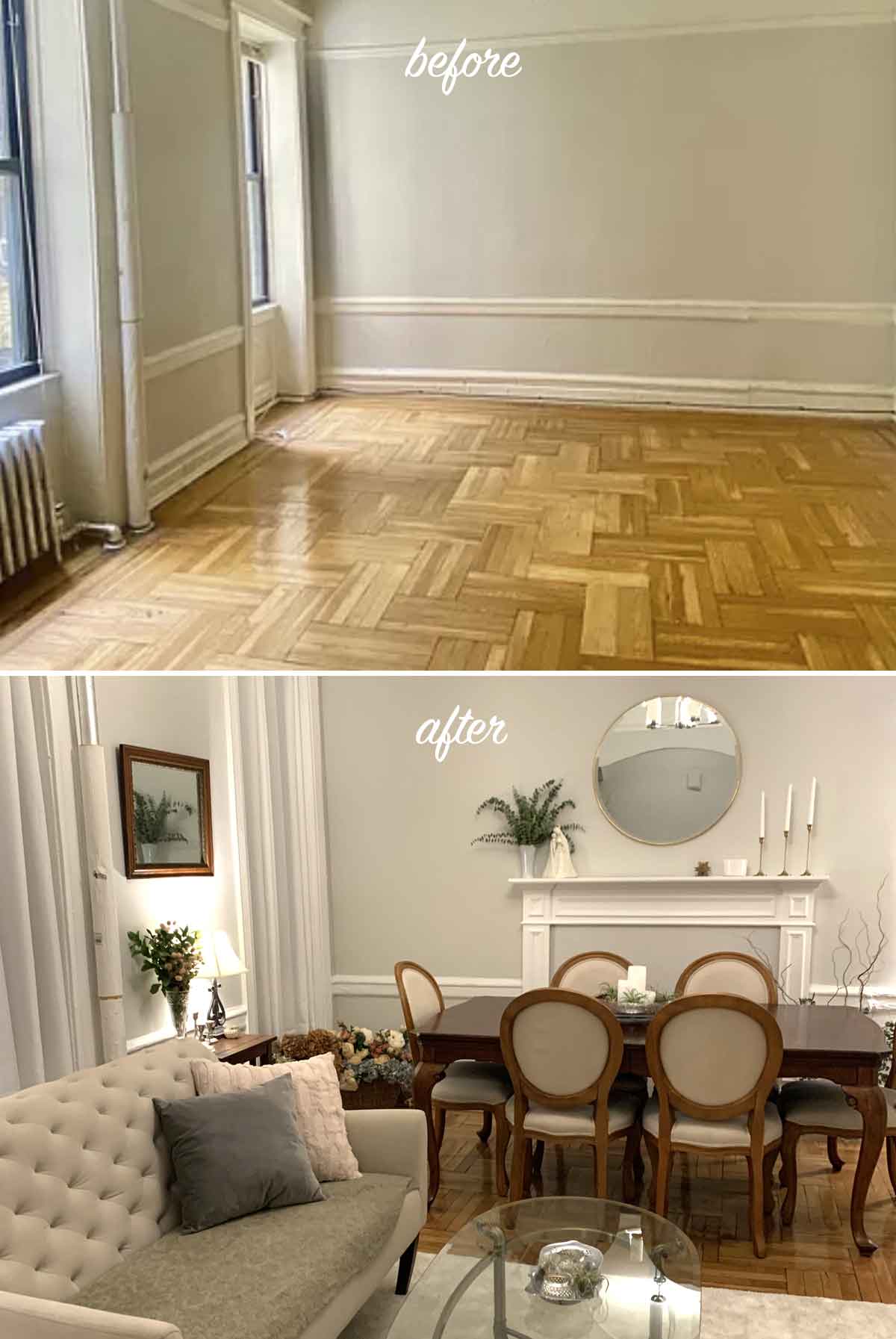 2 images showing the before and after of a decorated room.