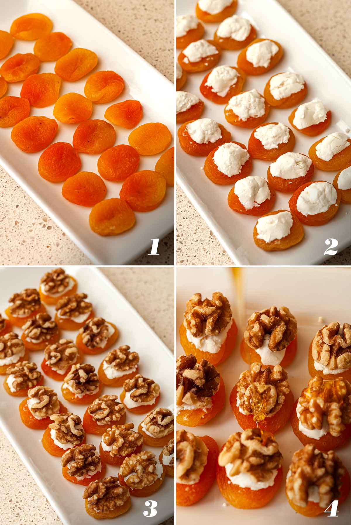 A collage of 4 numbered images showing how to make apricot appetizers.