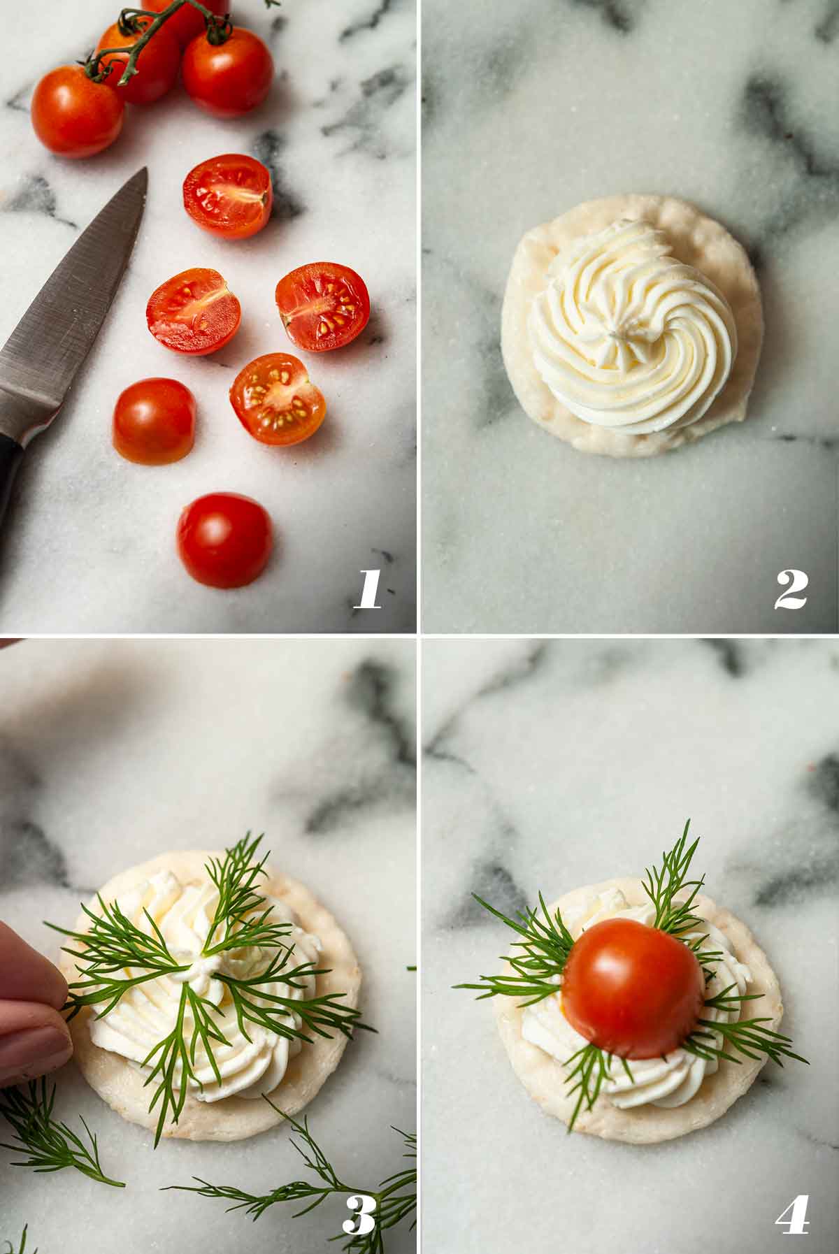 A collage of 4 numbered images showing how to prepare ingredients for appetizers.