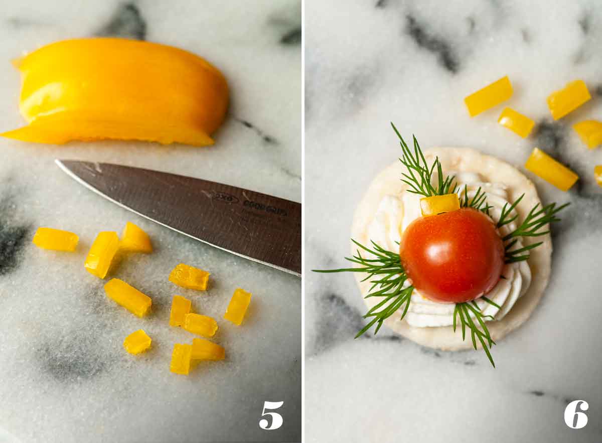 2 numbered images showing how to make appetizers that look like ornaments.