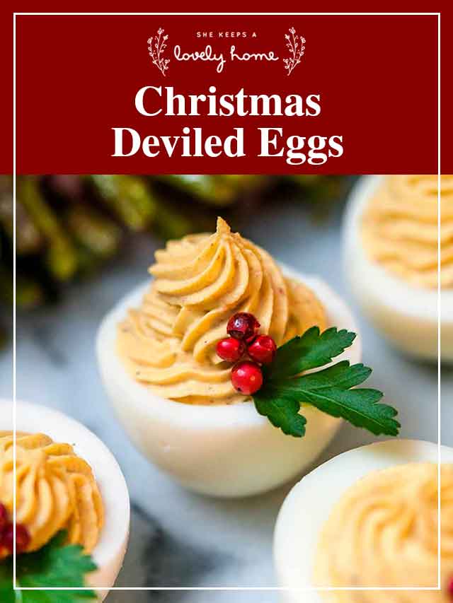 A Christmas deviled egg with a title that says "Christmas Deviled Eggs."